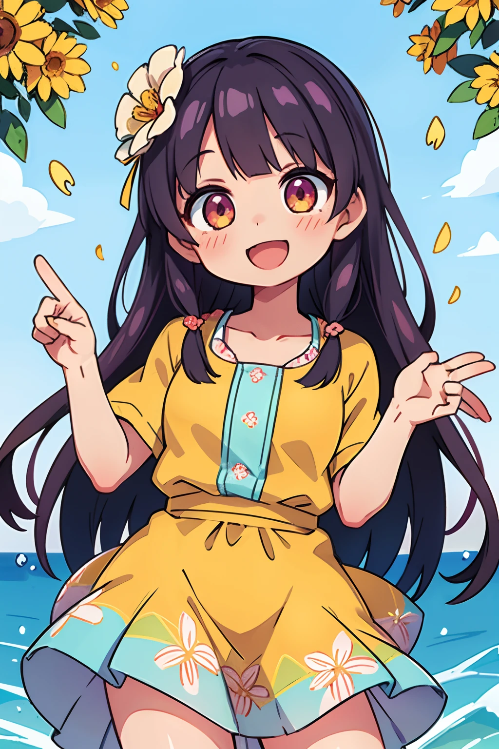 Stand in front of the photo、Open mouth and big smile、Water droplets on the cheeks、kawaii pose、Flowing iridescent silk、up of face、Eye Up、Colorcon with heart pattern、Floral dress、There are flowers even in front of you、flower petals、season!!: 夏天☀ 🍂