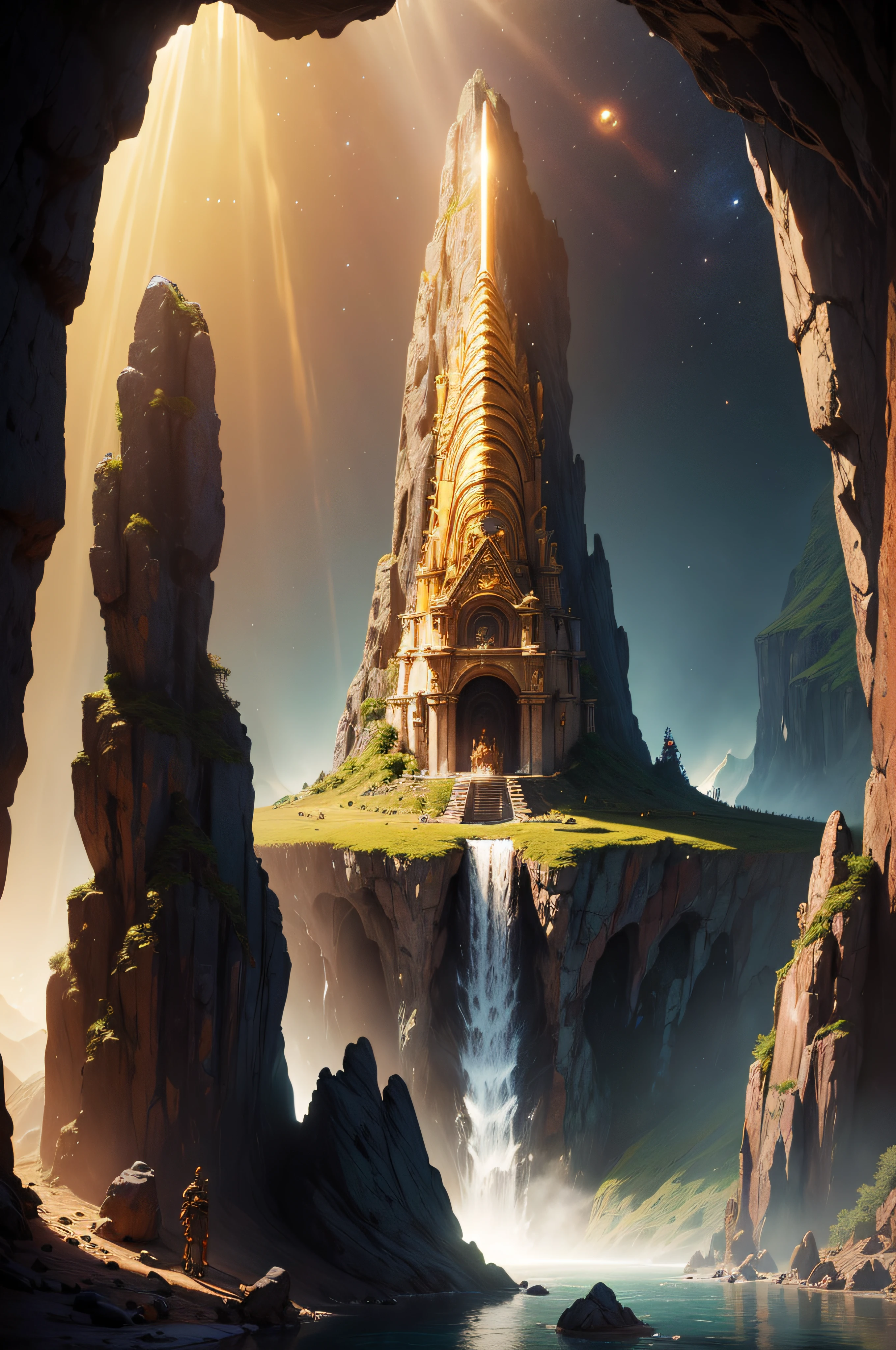A space ship landing in a cave where there is a Inca god statute gold in with warrior attire, with a water fall and lots of treasure in the background sun light coming from a hole on top of the cave, shining on the statute giving it a beautiful glow, surreal concept art, surrealistic digital artwork