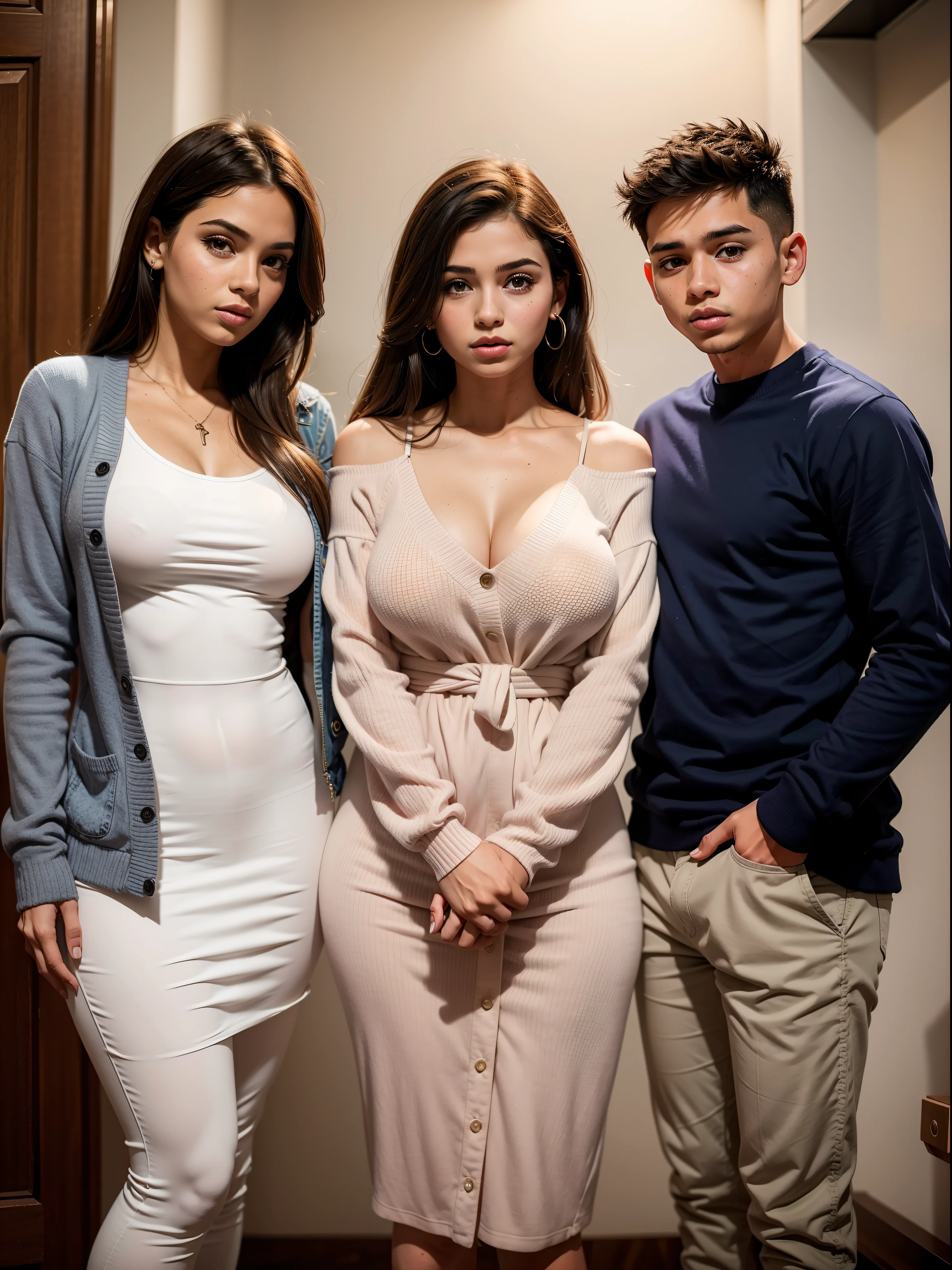 Mother and son and daughter. Revealing clothes. . Big lips cute feminine boy