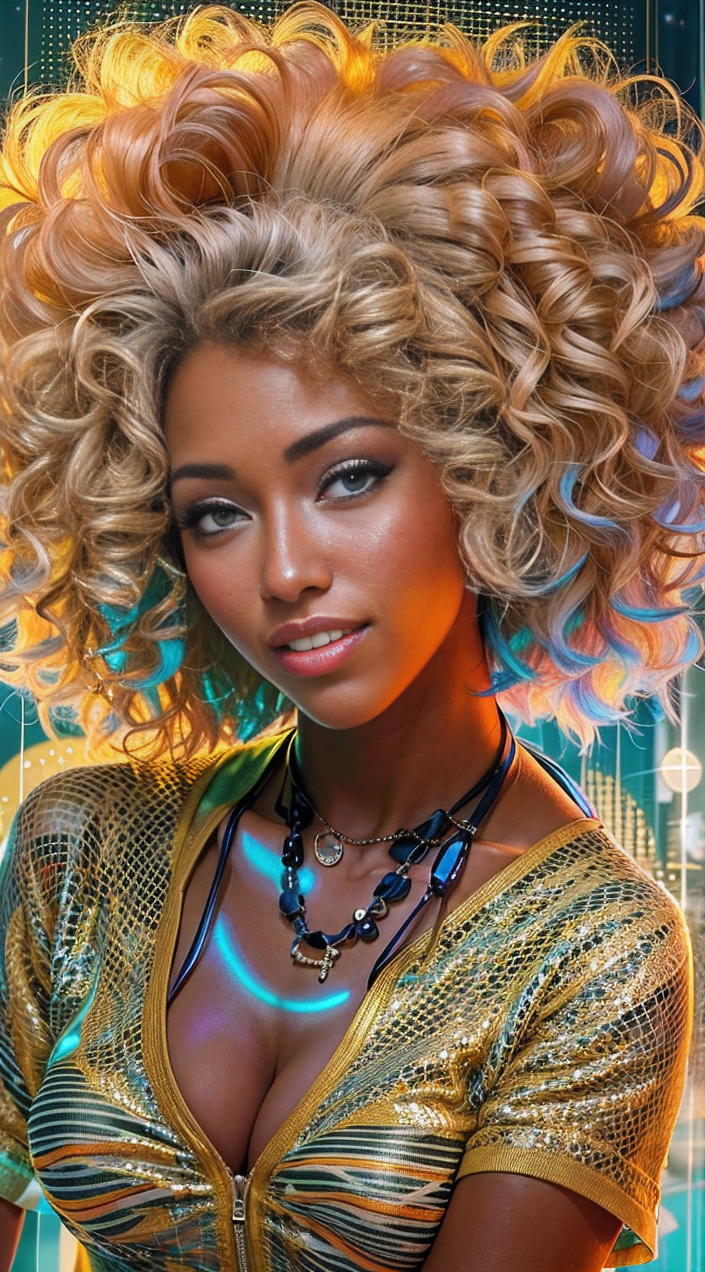 Black girl. gold curly hair, smiling beautiful girl, tulle transparent shirt, cleavage, big chest, against a bright background, interesting pose, bright modern clothes, creative haircut, multicolor with gold and silver, ultra detail, neon light, ultra dynamic light, high quality, by Butcher Billy, Caia Koopman, Coby Whitmore