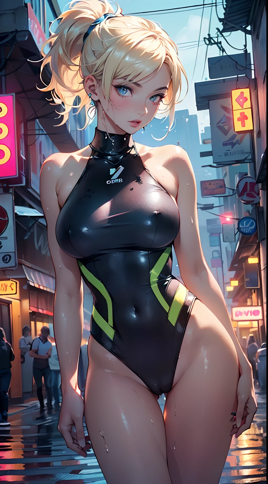 girl swimmer,((girl with extremely cute and beautiful blonde hair)),
(large breasts:1.4),saggy breasts,(((very light blonde ponytail hair:1.35,straight hair,ponytail long hair:1.4,colored inner hair,ear breathing))),(((heterochromia:1.5,eye1 blue,eye2 green))),intricate eyes,beautiful detailed eyes,symmetrical eyes,((fat)),(((lustrous skin:1.5,bright skin: 1.5,skin tanned,shiny skin,very shiny skin,shiny body,plastic glitter skin,exaggerated shiny skin,illuminated skin, wet legs))),(spider lower abdomen,narrow waist,wide hip,athletic body,inflated legs,delicate detailed fingers,detailed body,human hands,(detailed face)),
cute,slutty,seductive,erotic,(((nsfw))),
((one-piece_swimsuit magenta,wearing a one-piece_swimsuit outfit:1.3,magenta armor swimsuit:1.3)),((wet clothes,intricate outfit,intricate clothes)),
(dynamic pose:1.0),embarrassed,(centered,scale to fit dimensions,Rule of thirds),
cyberpunk city by the ocean at night, with bright neon signs and dark stormy clouds and puddles, scenery:1.25,
artistic photography,(photography taken by sldr),highres, sharp focus, (ultra detailed, extremely detailed), (photorealistic artwork:1.37),(extremely detailed CG unity 8k wallpaper),((synthwave background theme)),(((vibrant colors))),(intricate background),(masterpiece),(best quality),