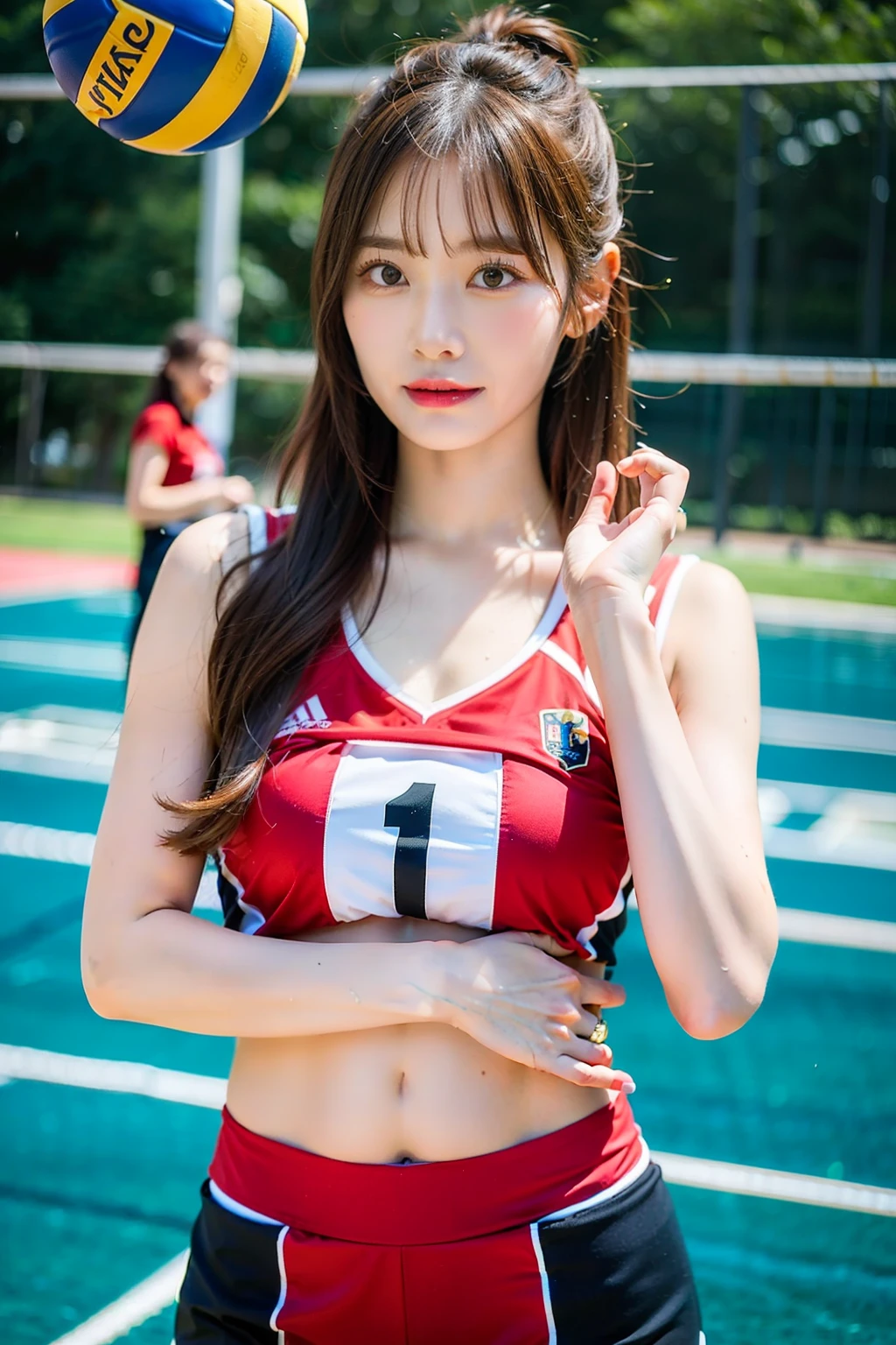 masterpiece:1.2、top-quality)、realisitic、(Authentic Photos、intricate detailes、depth of fields)、(1 girl in、独奏)、make - up、Parted lips、Highly detailed perfect face、(mideum breasts:1.4)、Constriction、tall、Shiny coral lips、Red hair、red eyes、poneyTail、(A girl playing volleyball、Volleyball Uniforms)、Navel Ejection、(Sweating:1.2)、(wet)、A sexy、red blush、Volleyball Court、Volleyball Net、Gymnasium、audience