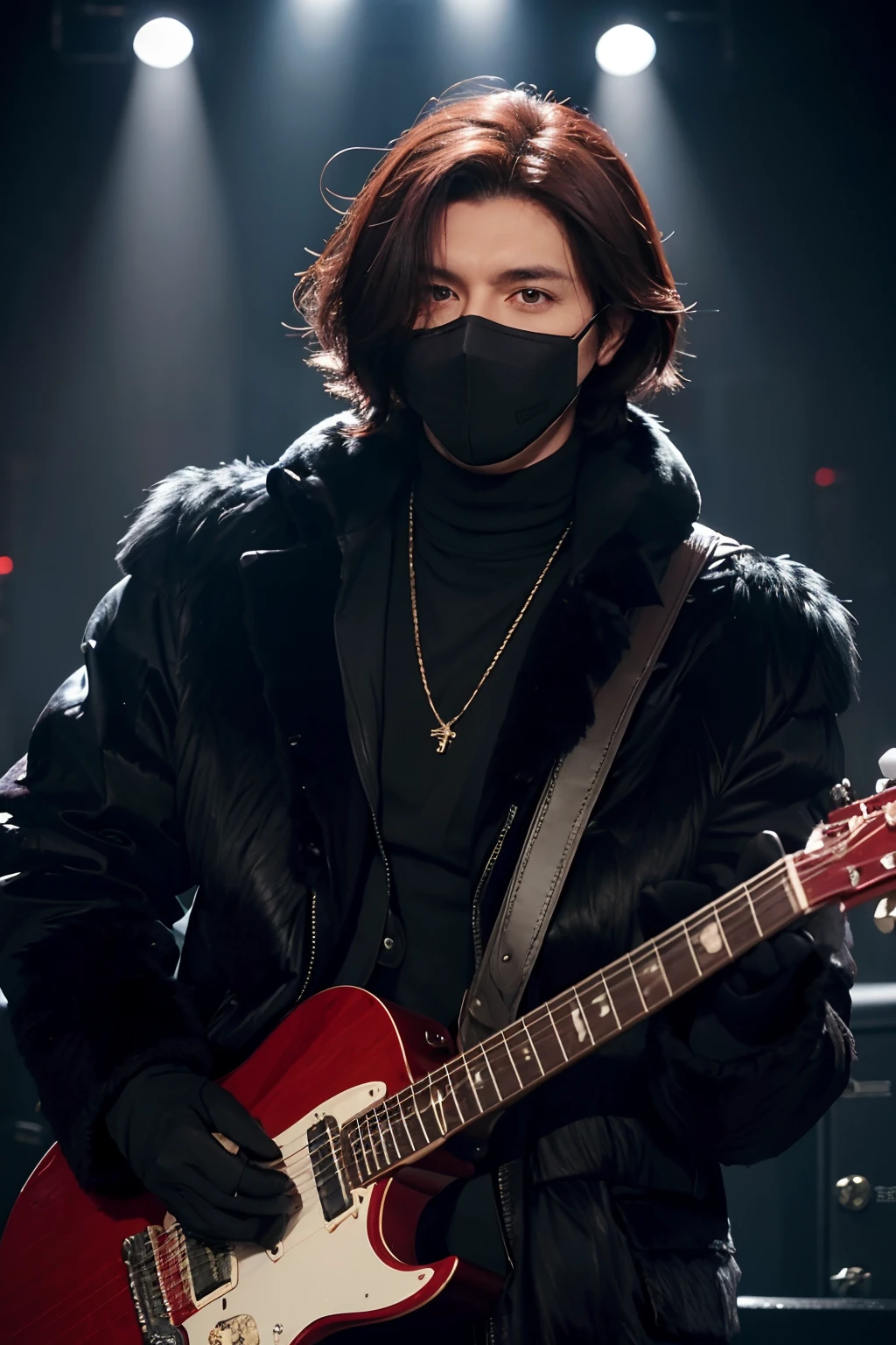 mature male, masculine, dark red hair, short hair, detailed hair, red eyes, mask, black furry coat, full body, playing a guitar, concert stage background, ((best quality)), detailed mask, detailed eyes, detailed white gibson guitar, detailed hands, detailed black gloves