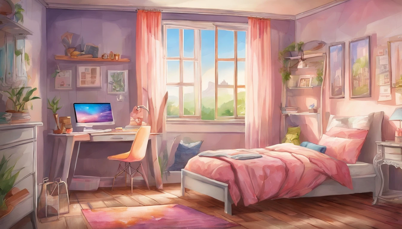 anime backgrounds,90s Bedroom , Half realistic, Ring lighting , prisma, Cinematic,pastel