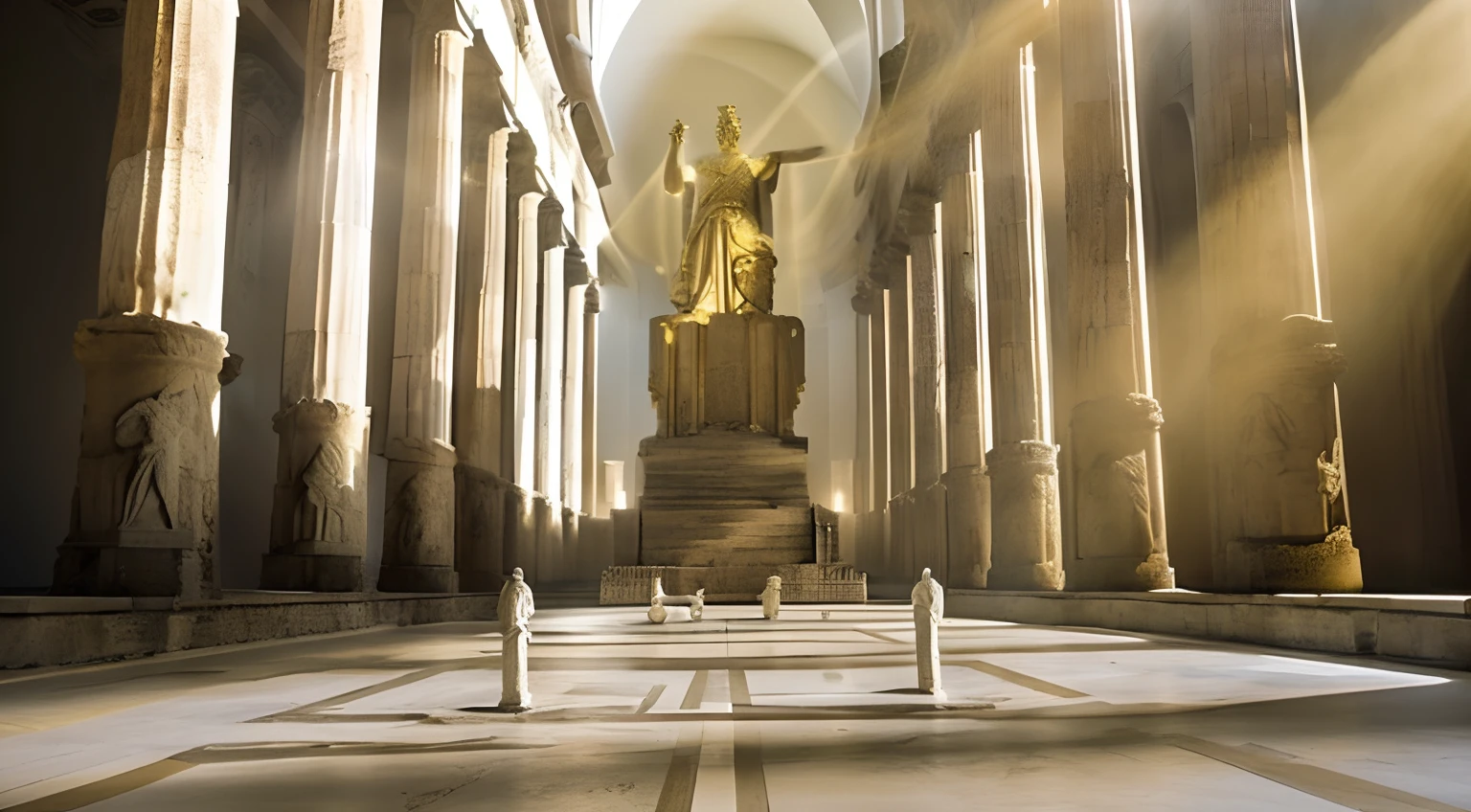 Arafed view of a large statue in a very large building, Trono do Olimpo, statue of zeus, Reis antigos em vestes brancas, Sala do Trono, epic scene of zeus, the goddess hestia, Olympian God, arte conceitual de deus, O Deus Atena, em uma sala do trono, Ozymandias, Sala do trono primorosamente projetada, templo antigo