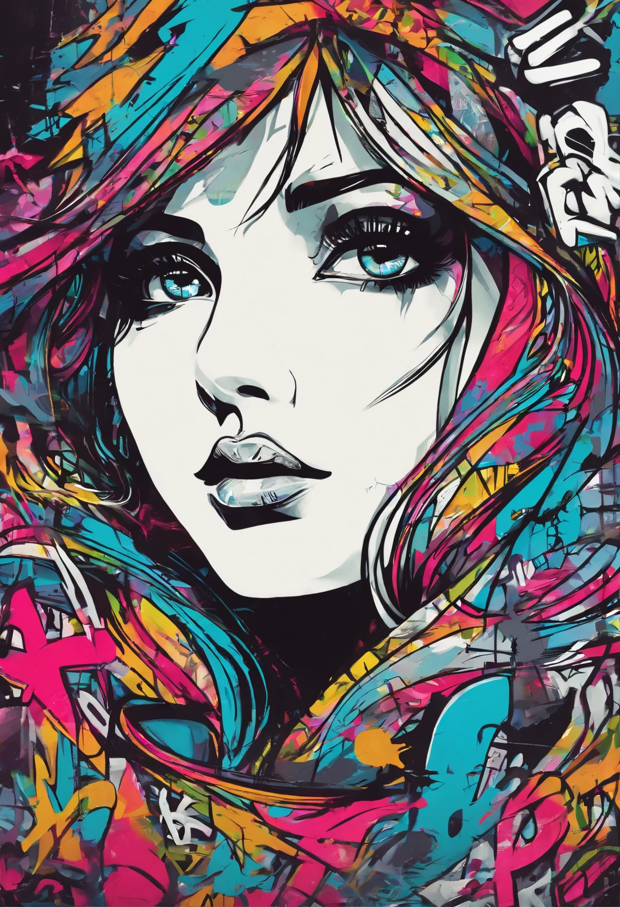graffiti, girl,face,eyes, full picture, high resolution high contrast,simple,
