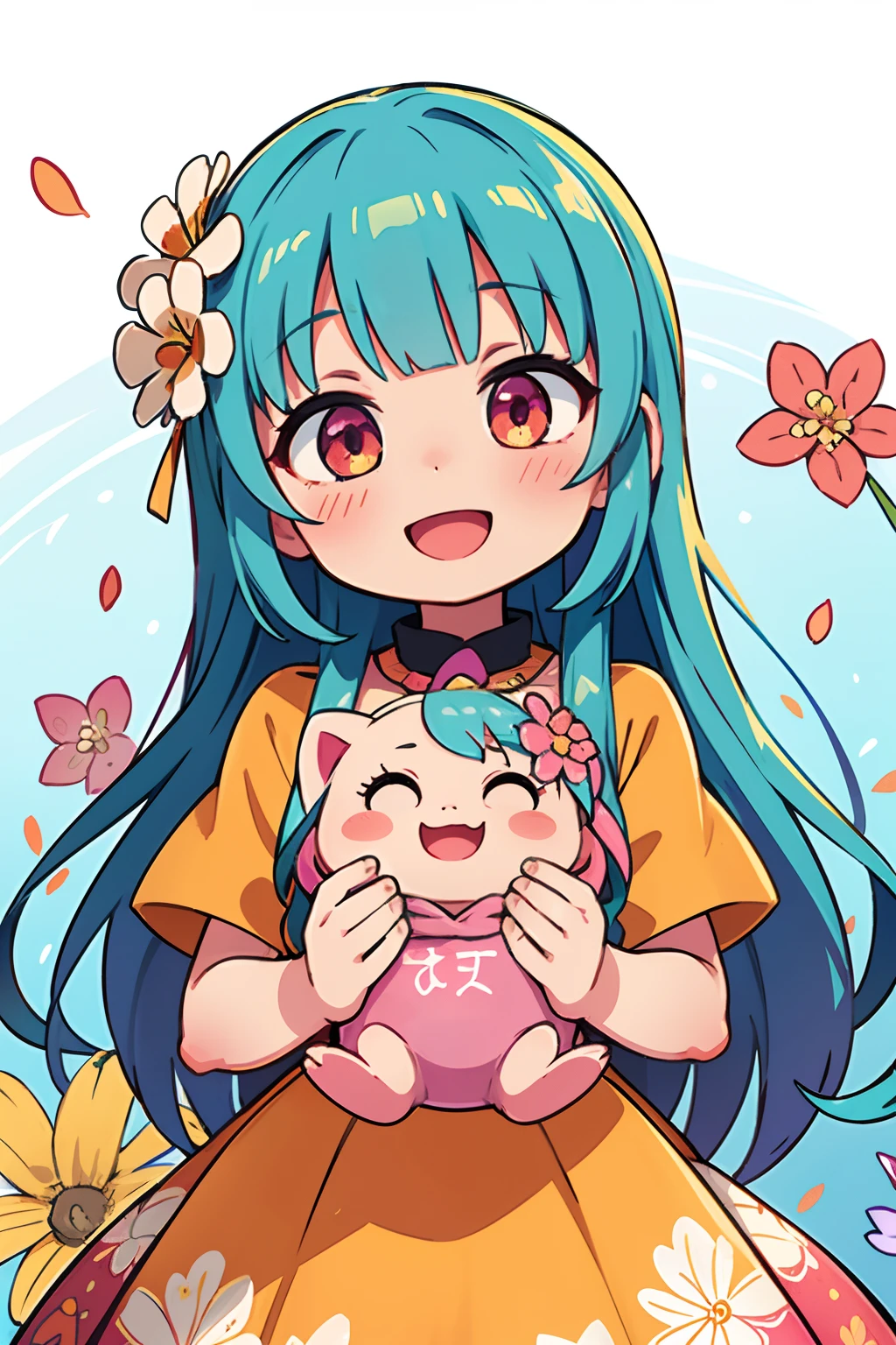 Stand in front of the photo、Open mouth and big smile、Water droplets on the cheeks、kawaii pose(Tehepero)、Flowing iridescent silk、up of face、Eye Up、Colorcon with heart pattern、Floral dress、There are flowers even in front of you、flower petals、season!!: 夏天☀ 🍂