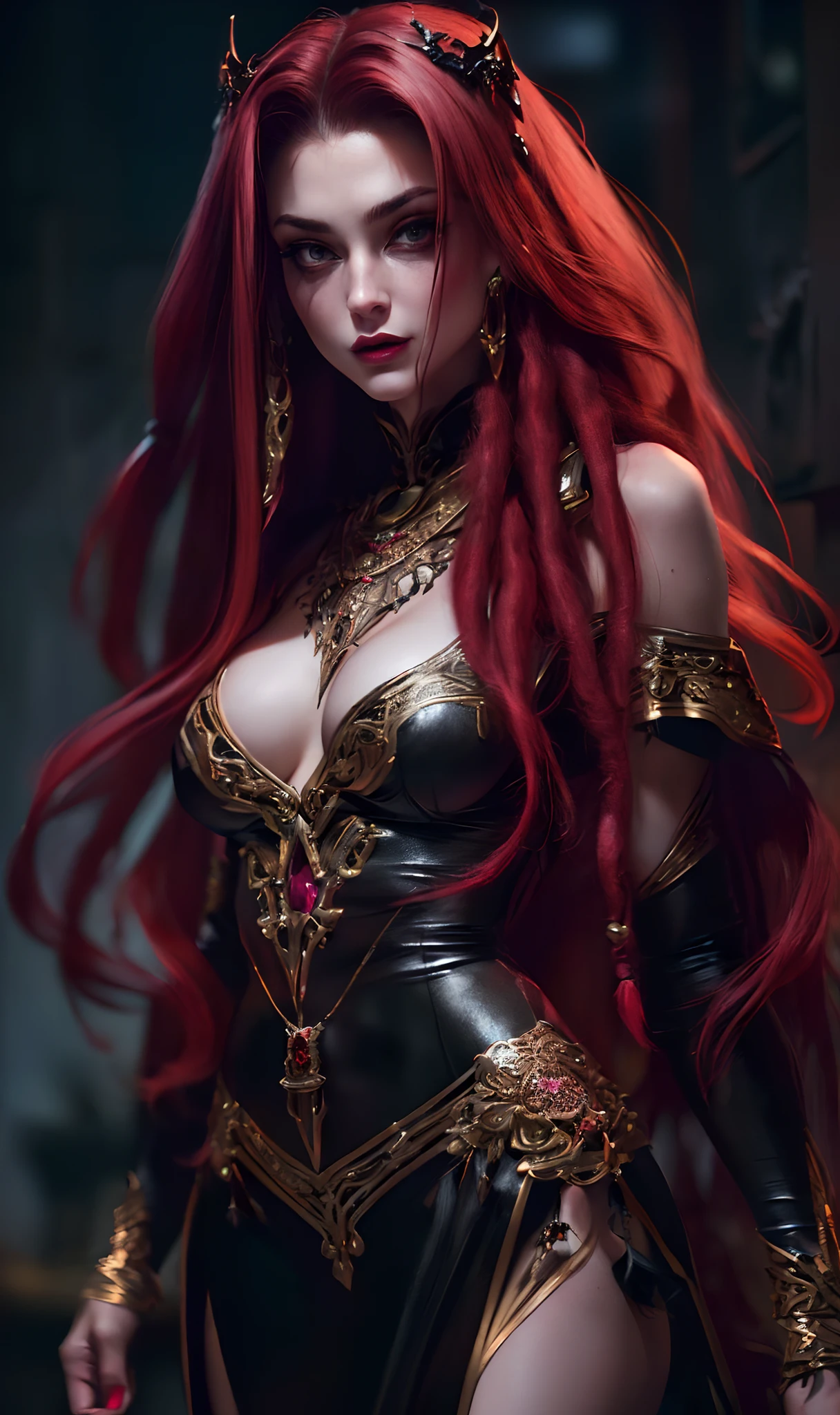 model woman, medium breast, intricate body, Halloween outfits, dark red long hair, dreadlocks, character art, character concept art, darkphilosophy, artstation, cinematic lighting,