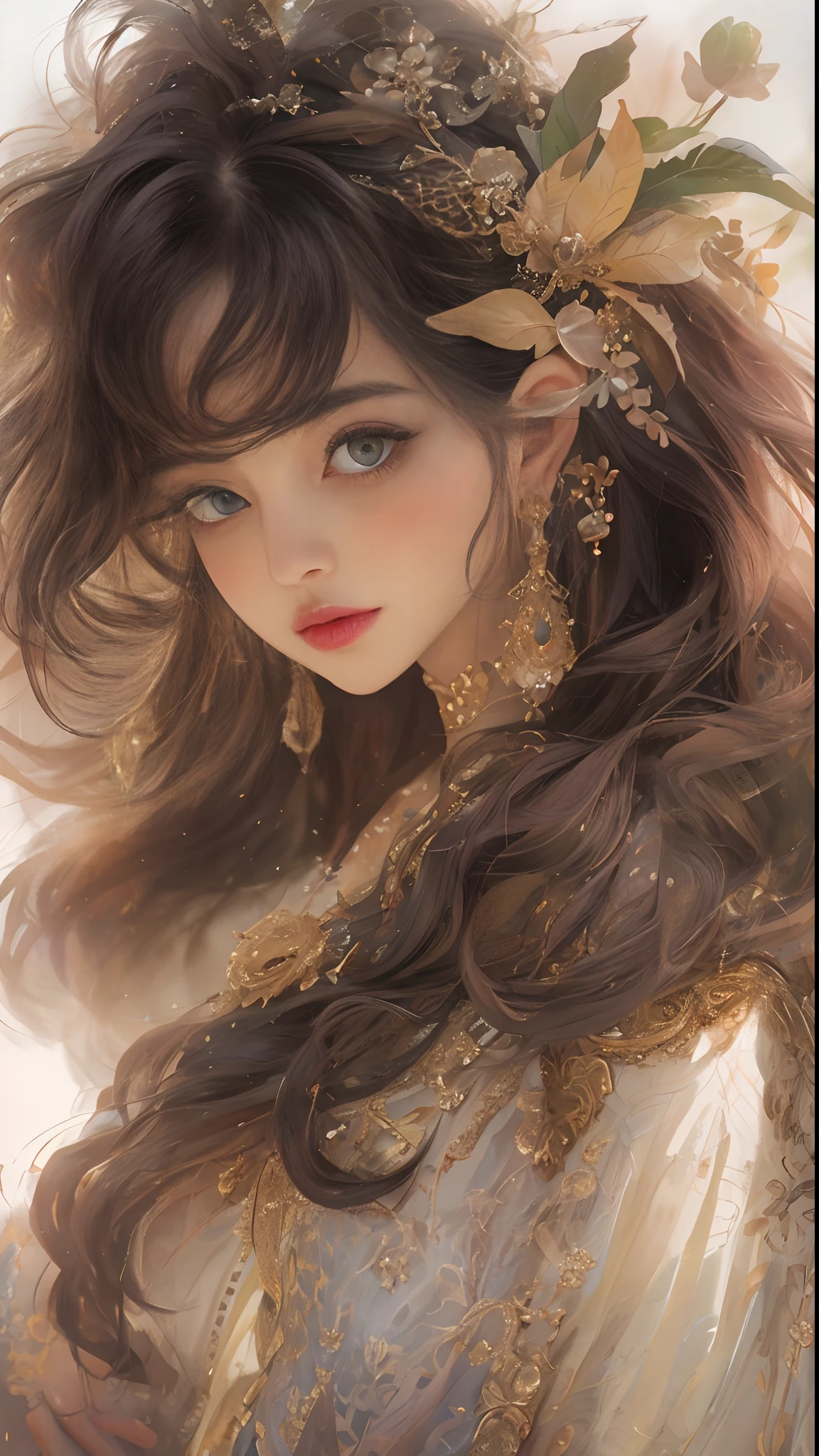 (Best quality, 4K, 8K, A high resolution, Masterpiece:1.2), Ultra-detailed, Realistic portrait, Beautifully detailed eyes, beautiful detailed lips, Detailed expression, Graceful posture, subtly lit, Dreamy atmosphere, Dark-toned background, expressive brush strokes, mystical ambiance, Artistic interpretation, Stunning Studio Ghibli style costumes, Creative illustration, Subtle colors and tones, mystical aura,