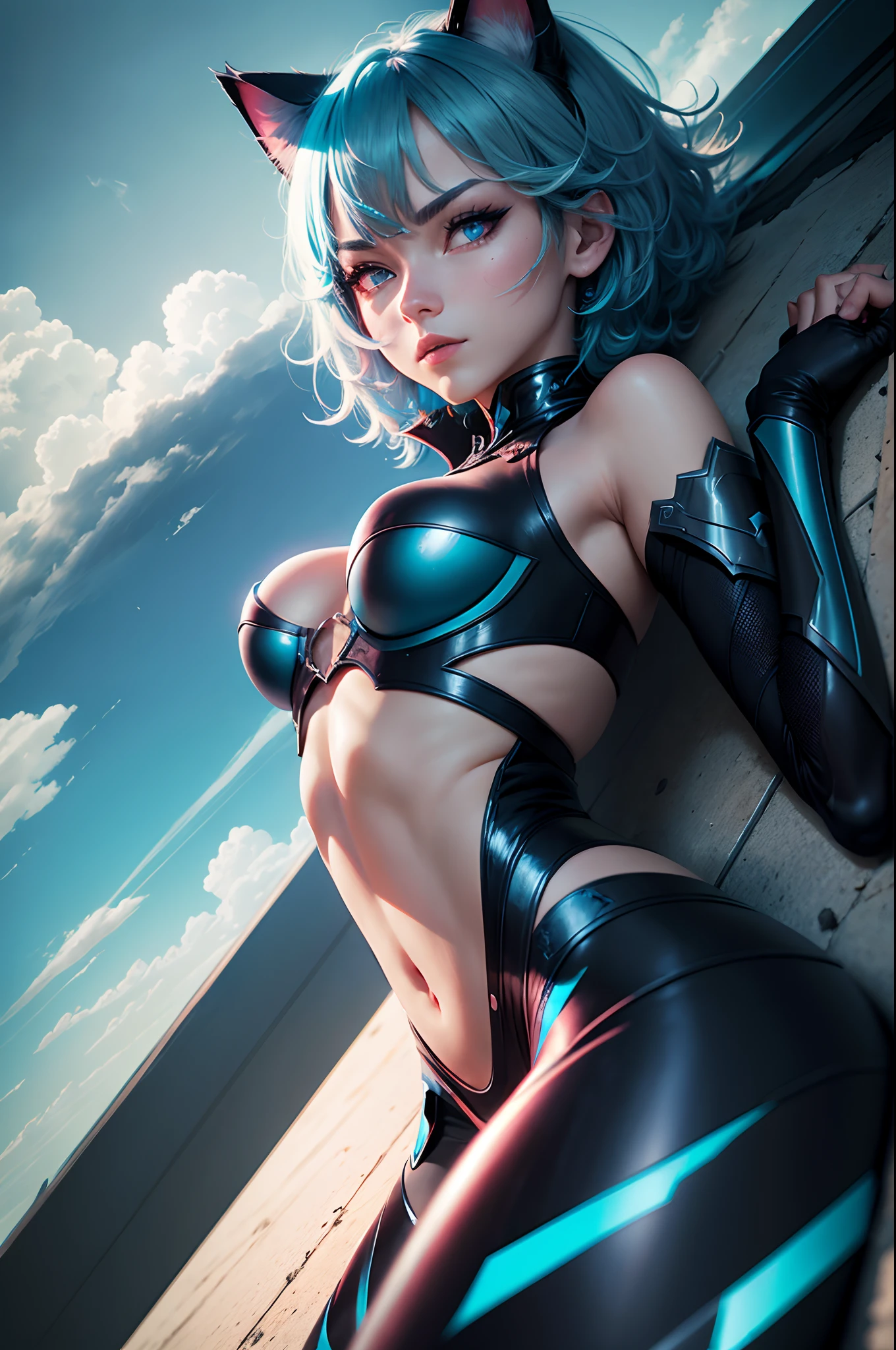 cat eyes,Cyan armor,short hairs,Red-blue clouds,sharp talons,A cyclone that surrounds the body,Gaze ahead,Lying on your stomach,Dim light