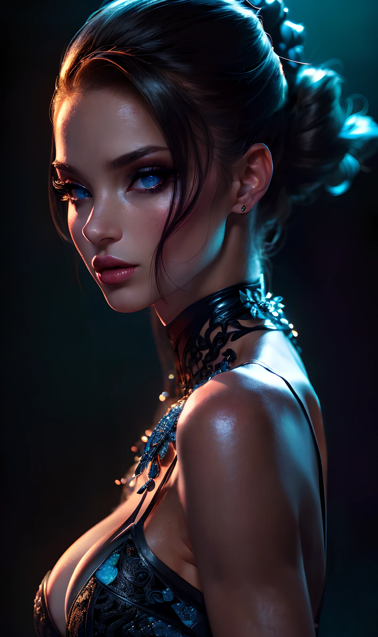 Warrior girl with a fantastic small dagger on hand, Skimpy clothes ,dark blue hair with red highlights, (perfect nose), (Best Illustration), 8k Resolution, Intricate Details, Best Quality, Realistic, Ultra Detailed, Best Lighting, Best Shadows, Ultra HD, A Necromancer style, Night, Magic, Dark Style, Vampire, (shining red eyes:1.6), masterpiece, high_res, Beautiful face, tyndall effect, photo realistic, (high detailed skin:1.2), 8k uhd, dslr, high quality, Photograph, high resolution, 4k, 8k, Bokeh, absurdres, ponytail contorted, best ratio four finger and one thumb, front view, dark blue hair gorgeous, perfect proportional skinny body, full body view, wet skin, wet clothes, dark cathedral baground scenery