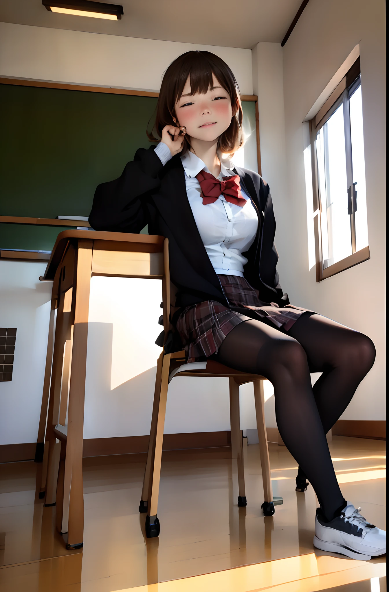 top-quality,masutepiece,Anime style,parfect anatomy,独奏,skirt by the,plein air, jaket, sockes, shoe, looking at the viewers, Brown Footwear, 校服, Plaid,sneakers,blazers, brown haired, plaid skirts, Black socks, long-sleeve, bangss, Open your clothes, Open jacket, the bow, Brown-eyed, pleatedskirt, a bow tie, tag, length hair, full body Esbian,Knee height, The shirt, Mouth closed, sleeves past wrists,hand on own face,red bowtie,Black jacket,red blush,Brown skirt,(((Sit on a chair:1.2,Lying face down on a desk:1.5,Put your hand on your cheek:1.2,nap,Close your eyes,Cheek cane,look at side))),shirt with collar,a miniskirt,white shirt,Cardigan,lightsmile,longshot, (low angles), (top down),Realistic scale,Significant shrinkage:1.5,photos realistic,Super Detail, Realistic, Super realistic,lifelike rendering,(((school classrooms,Classroom lined with desks))),Professional Photographer