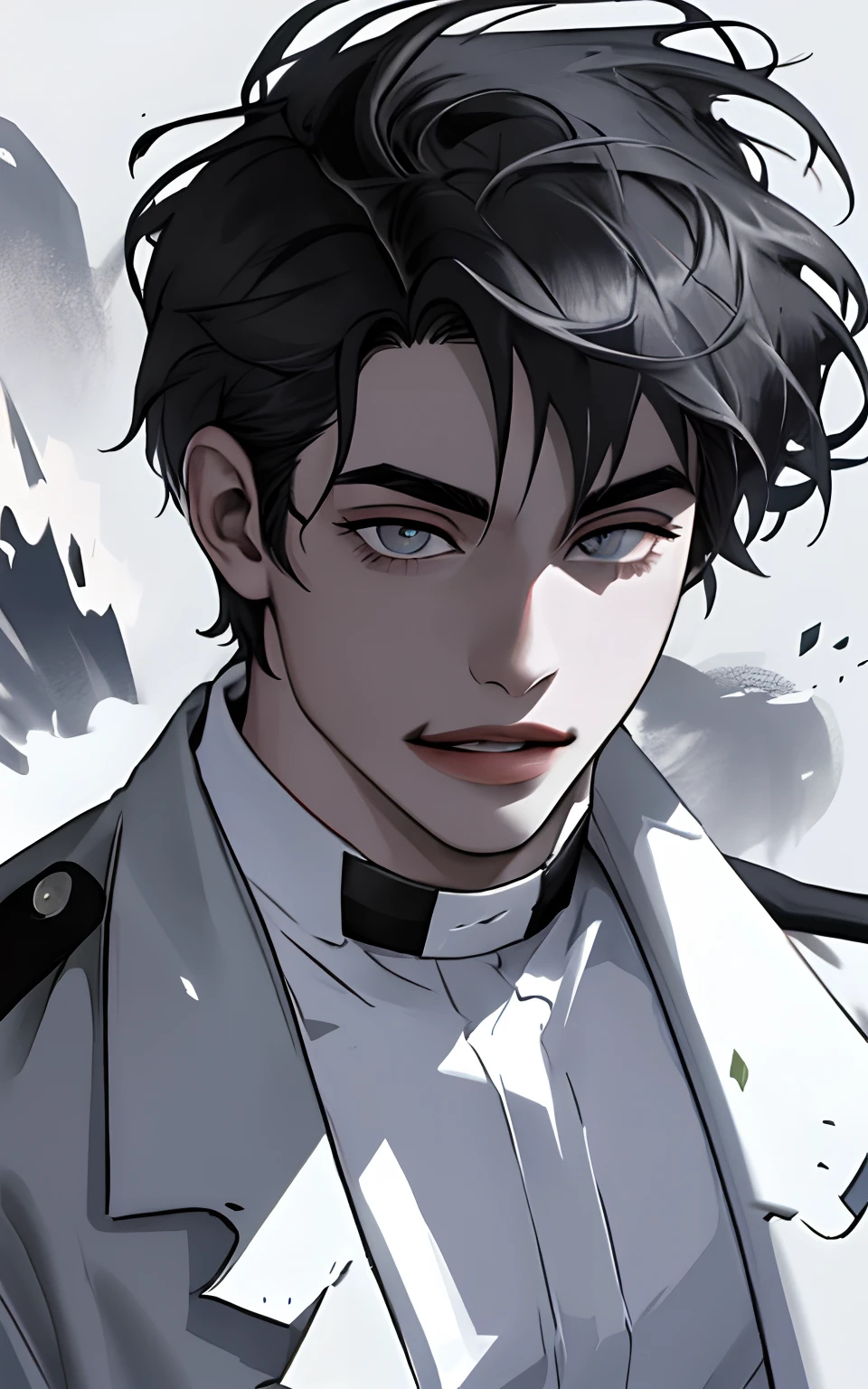 Hombre guapo joven,In his twenties,Heroico,Soleado y alegre,pueril,The wind stirred his hair slightly..,Rasgos faciales tridimensionales,rostro delicado,He went upstairs to me.,The corners of the lips are slightly hooked,It shows that he is now in a good mood..,Realismo ultrarrealista, zom al rostro, ojos grises.
