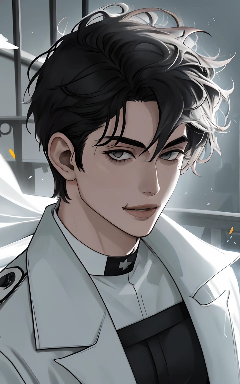 Hombre guapo joven，In his twenties，Heroico，Soleado y alegre，pueril，The wind stirred his hair slightly..，Rasgos faciales tridimensionales，rostro delicado，He went upstairs to me.，The corners of the lips are slightly hooked，It shows that he is now in a good mood..，Realismo ultrarrealista, zom al rostro, ojos grises.