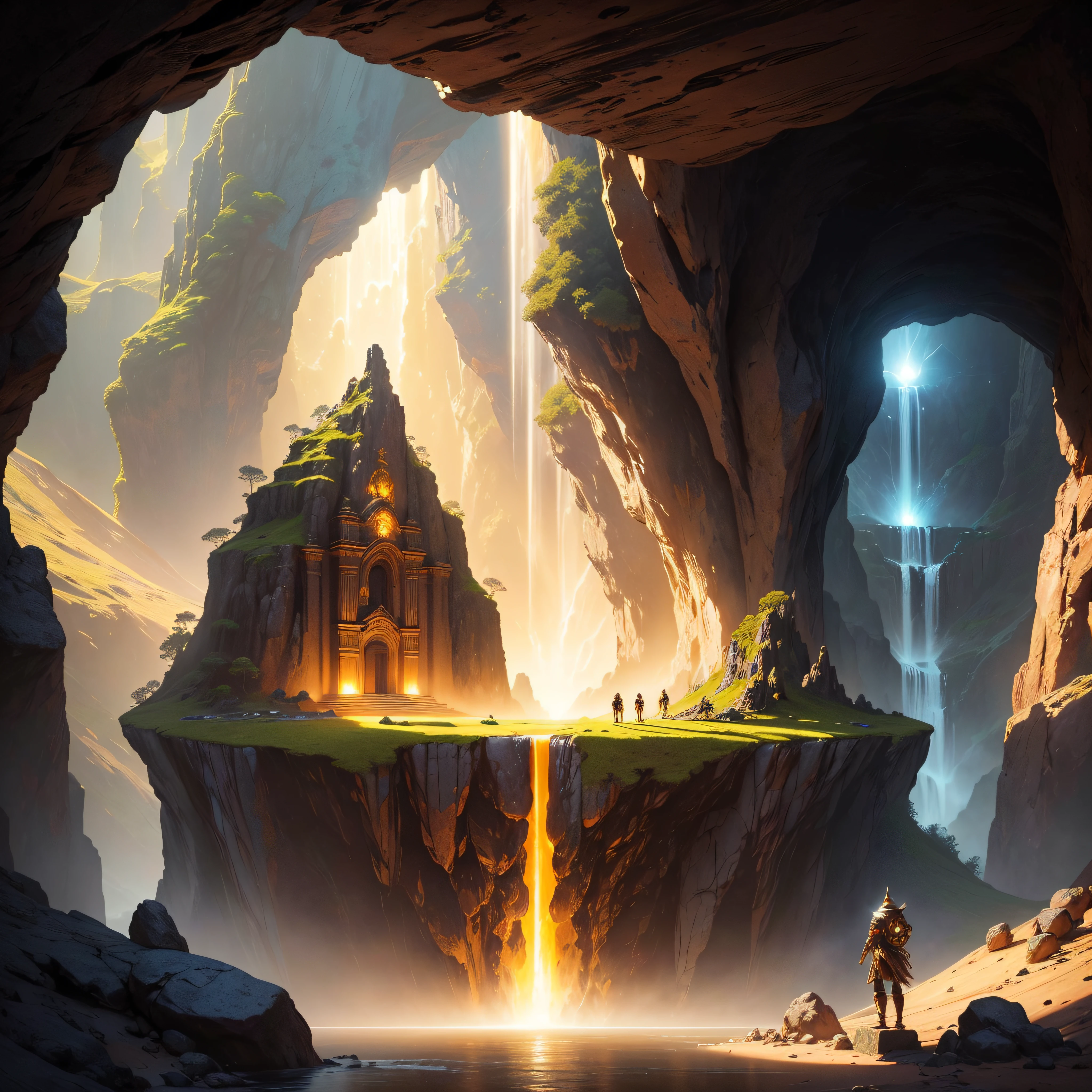 an Alien space ship UFO in a cave where there is a Inca god statute of gold with warrior attire, with a water fall and lots of treasure in the background sun light coming from a hole on top of the cave, shining on the statute giving it a beautiful glow, surreal concept art, surrealistic digital artwork