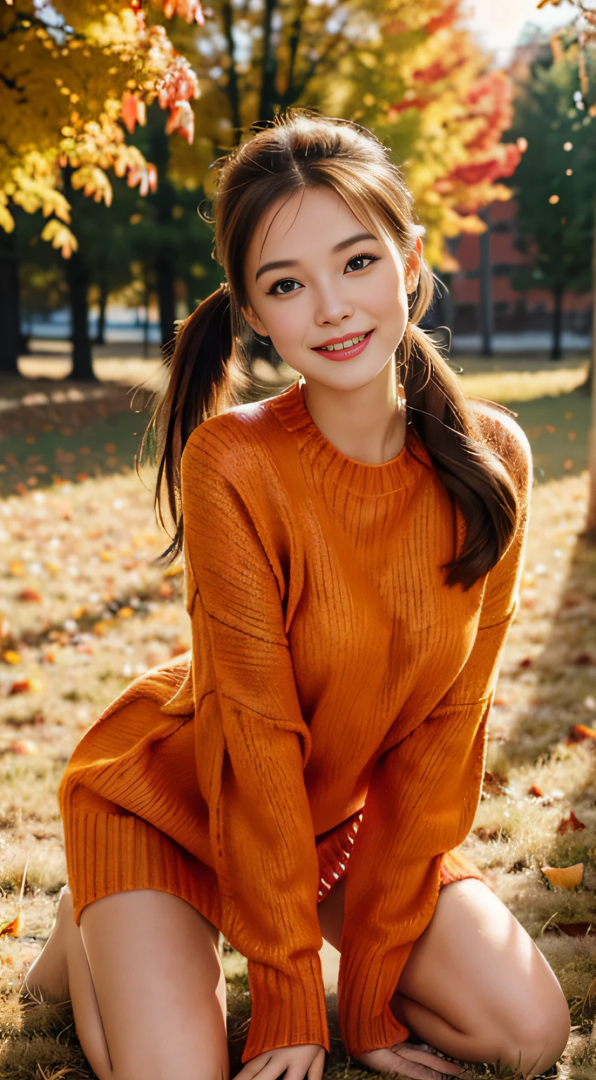 1 pretty girl，White skin，brown hair，looking at the audience, Beautiful mid-chest, Russia, ponytail, true happy smile, kneeling, Autumn breath, Magical evening amber light, Wearing an orange sweater, wearing red clothes