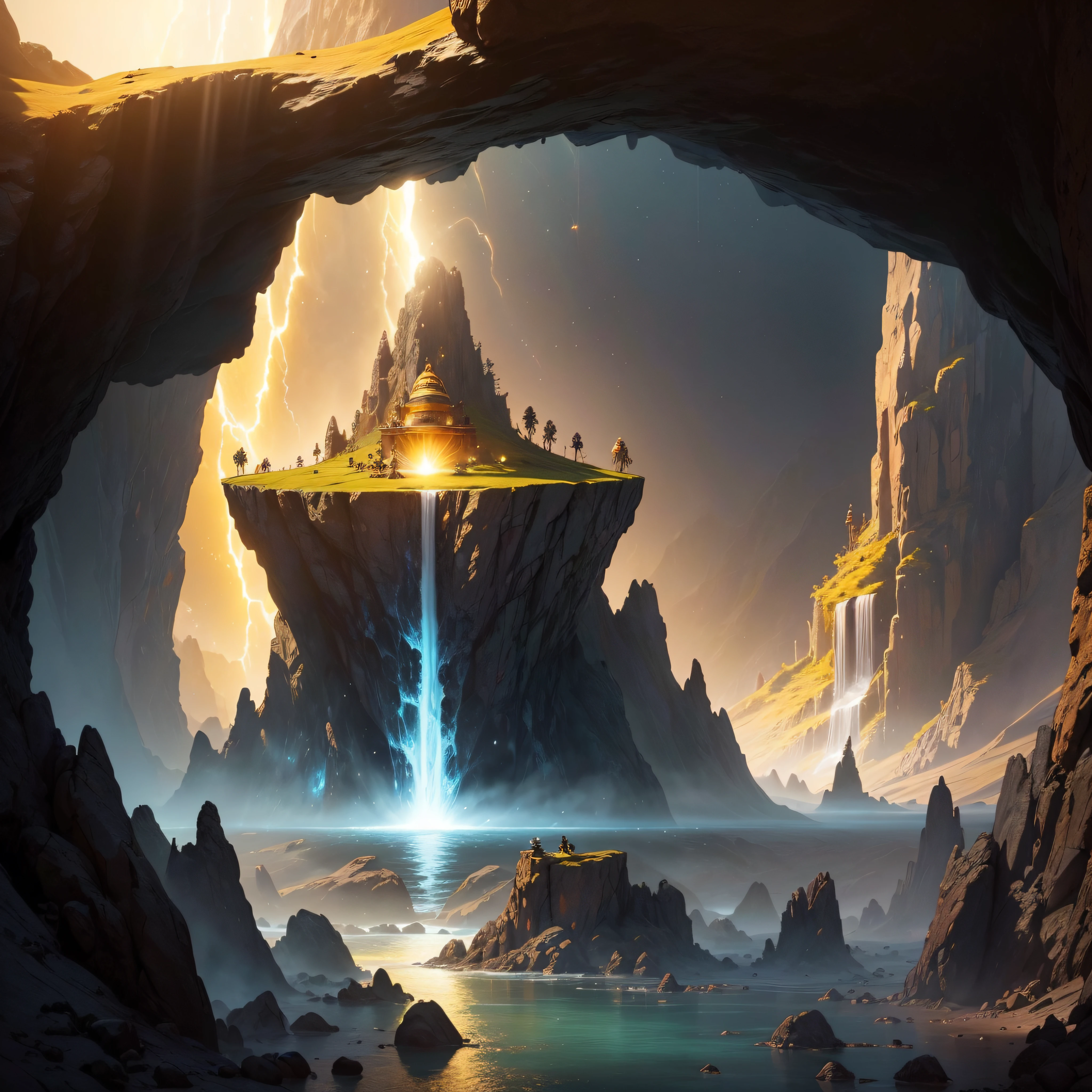 an Alien space ship UFO in a cave where there is a Inca god statute of gold with warrior attire, with a water fall and lots of treasure in the background sun light coming from a hole on top of the cave, shining on the statute giving it a beautiful glow, surreal concept art, surrealistic digital artwork