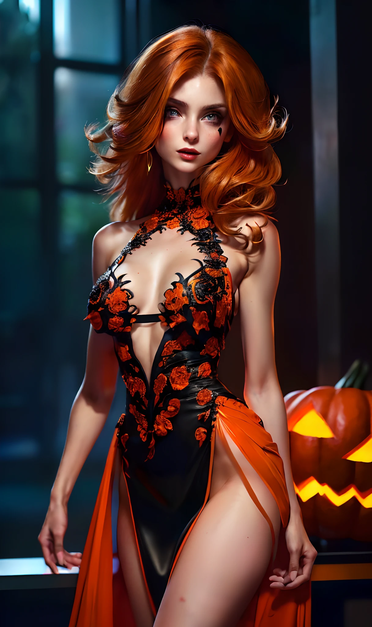 model woman, medium breast,  ((medium orange black  messy hair)), intricate body, Halloween dress, full body character design, painted full-body, ((close up)