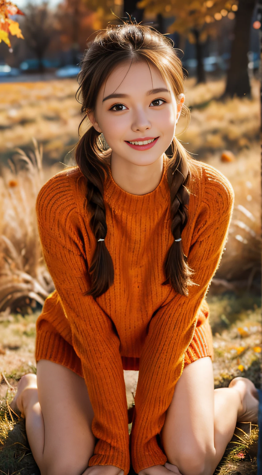 1 pretty girl,white skinned,brown hair,looking at viewer, beautiful medium chest, Russia, pony tail, authentic happy smile, kneeling, autumn vibe, magical evening amber light, wearing orange red sweater, wearing red clothes