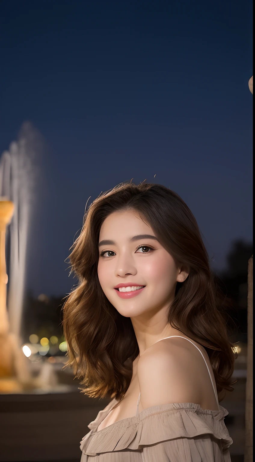 ((Night Scene, Realistic Light, Best Quality, 8k, Masterpiece: 1.3)), 1 Girl, Slim Body Beauty: 1.4, Brown Hair, (Big: 1.3), Off Shoulder Cut Top: 1.3, Ultra Detailed Face, Detailed Eyes, Double Eyelids, Disneyland, Fountain, Castle, Fireworks, Smile, Cleavage, Saggy