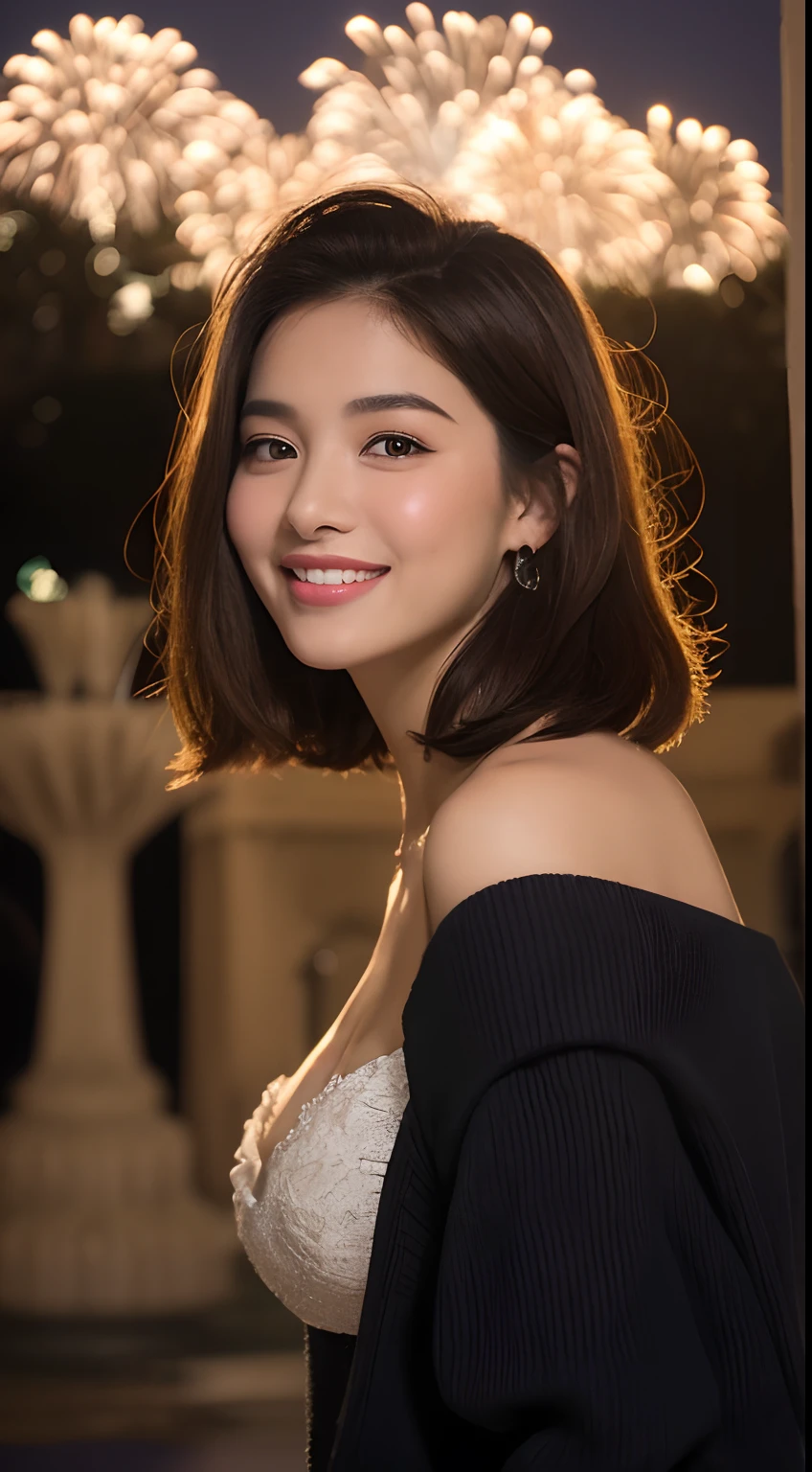 (((top-quality、8K、​masterpiece:1.3)))、(独奏:2), bustshot、The whole head enters the screen、Crisp focus:1.2、Beautuful Women:1.5、Slender Abs:1.2、((Dark brown bob cut、Colossal tits:0.8))、Smiling smile、(Black polo shirt:1.1)、Night view of the city、Highly detailed facial and skin texture:1.4、A detailed eye、二重まぶた、Thin gold necklace、Ekbo