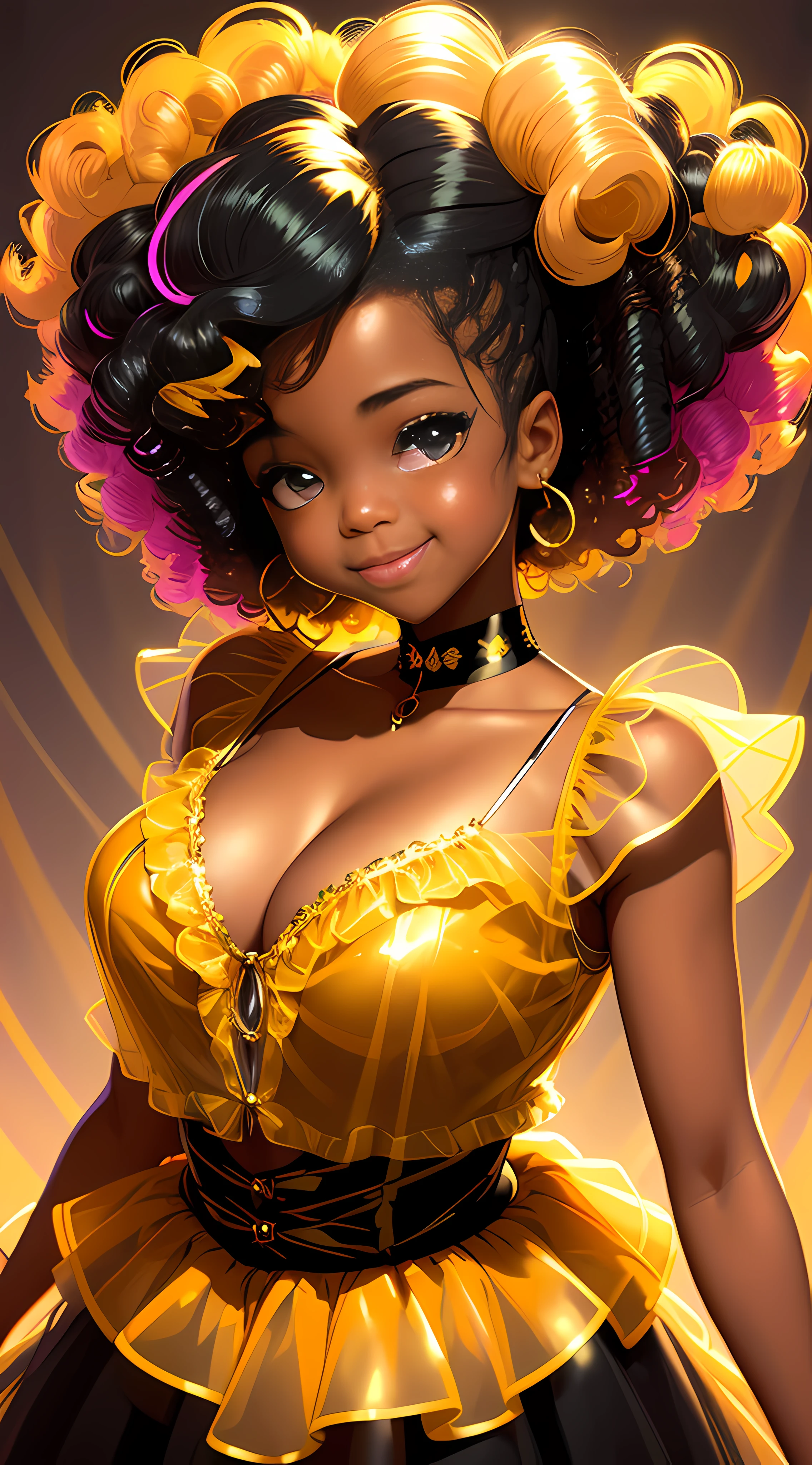 Black girl. gold curly hair, smiling beautiful girl, tulle transparent shirt, cleavage, big chest, against a bright background, interesting pose, bright modern clothes, creative haircut, multicolor with gold and silver, ultra detail, neon light, ultra dynamic light, high quality, by Butcher Billy, Caia Koopman, Coby Whitmore