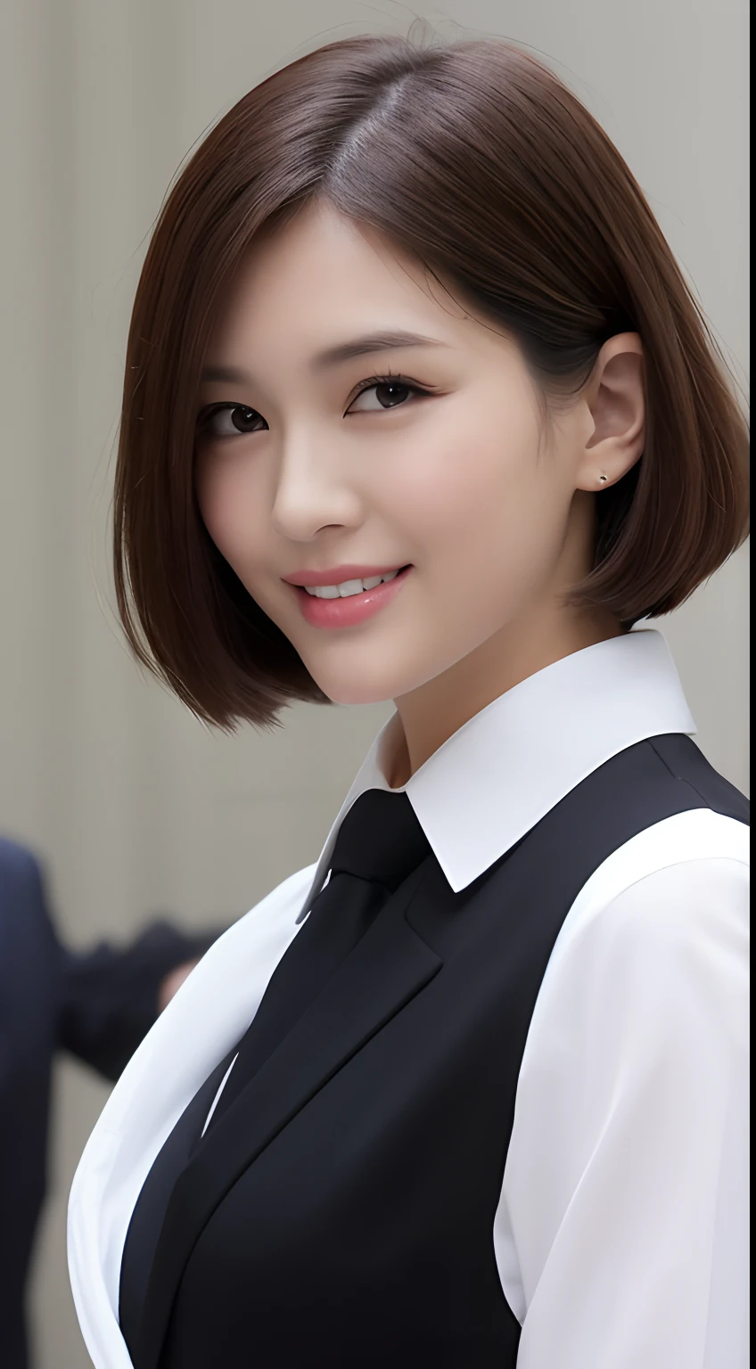 ((Best Quality, 8K, masutepiece: 1.3)), 1 girl, Smile, Full body, Slim Face, Pretty Woman, Short dark brown hair, White crisp shirt at upper body, Black straight suit pants on upper body, high-heels, Super Detailed Face, Detailed eyes, Double eyelids, Blurred background, Slim Face, highrise buildings
