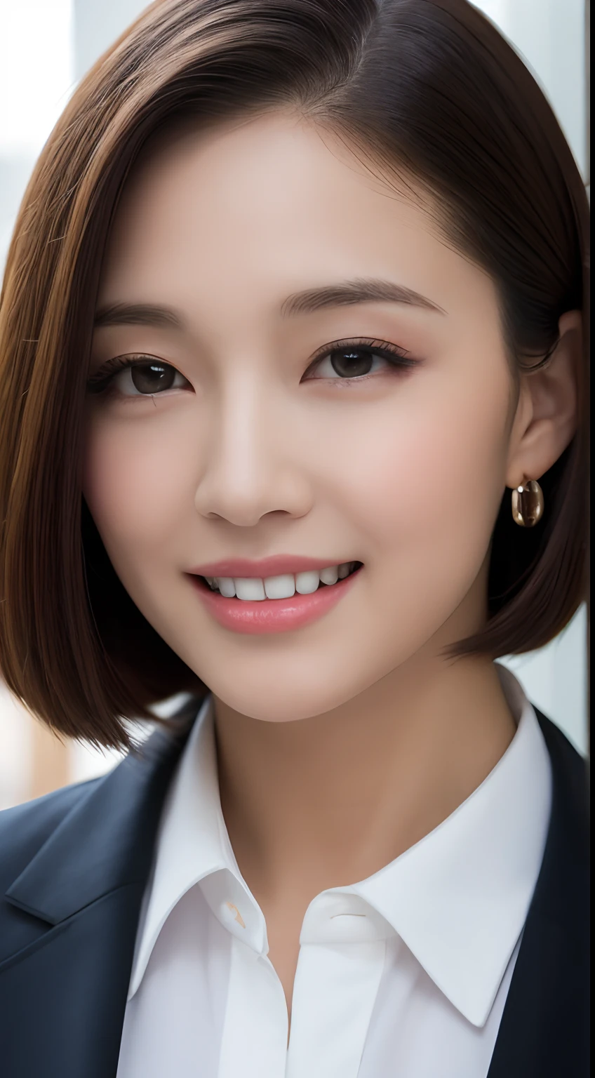 ((Best Quality, 8K, masutepiece: 1.3)), 1 girl, Smile, Full body, Slim Face, Pretty Woman, Short dark brown hair, White crisp shirt at upper body, Black straight suit pants on upper body, high-heels, Super Detailed Face, Detailed eyes, Double eyelids, Blurred background, Slim Face, highrise buildings