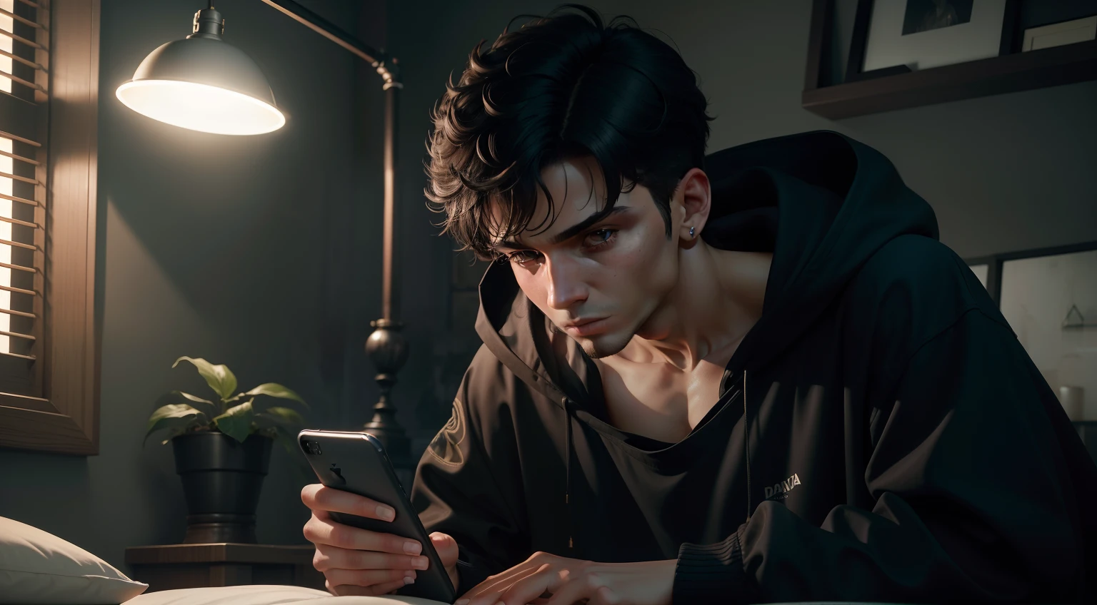 Um rapaz de 20 anos com cabelo curto com um manto preto e capuz, Intrigado, with his head down, Cell phone addict on both hands, de volta contra o peitoril da janela, quarto, cama, lamplight, Noite, Side view of upper body, master part, pele texturizada, alta qualidade, high resolution