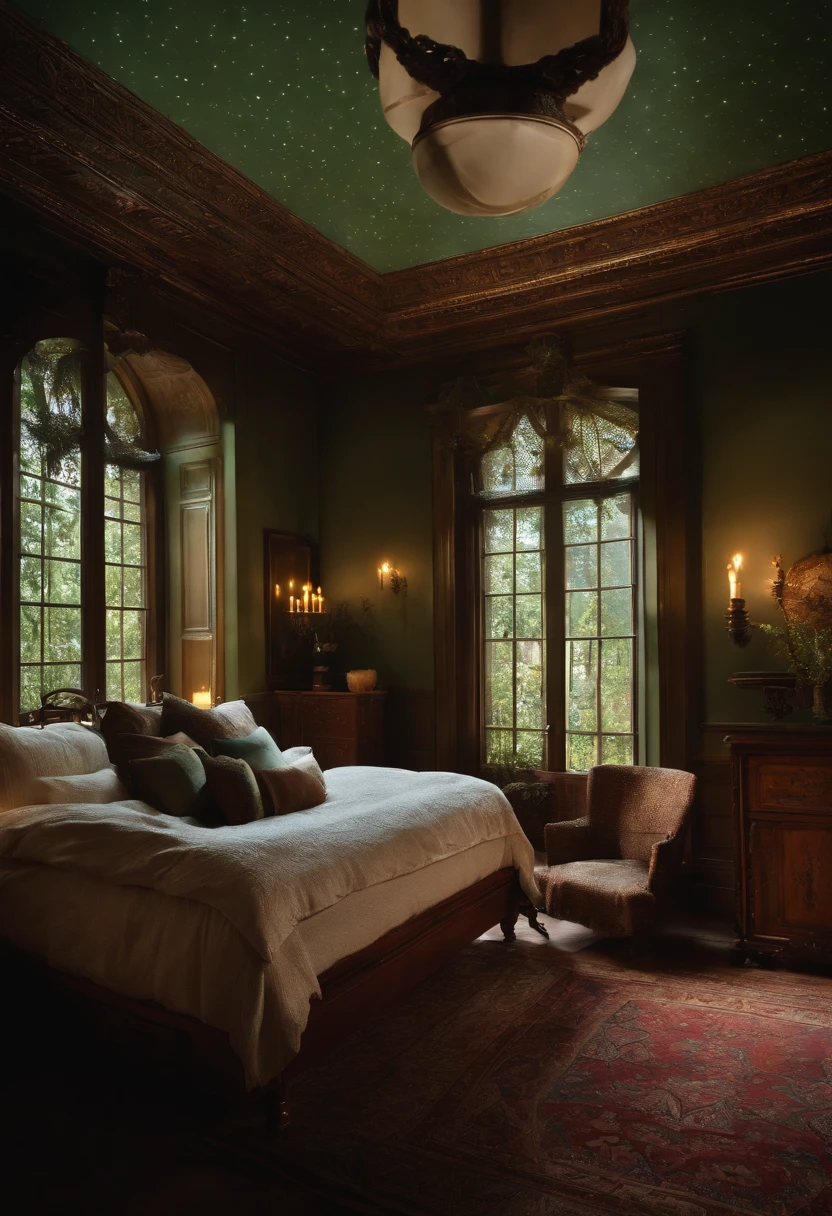 The room is bathed in soft, dim light from a full moon outside.