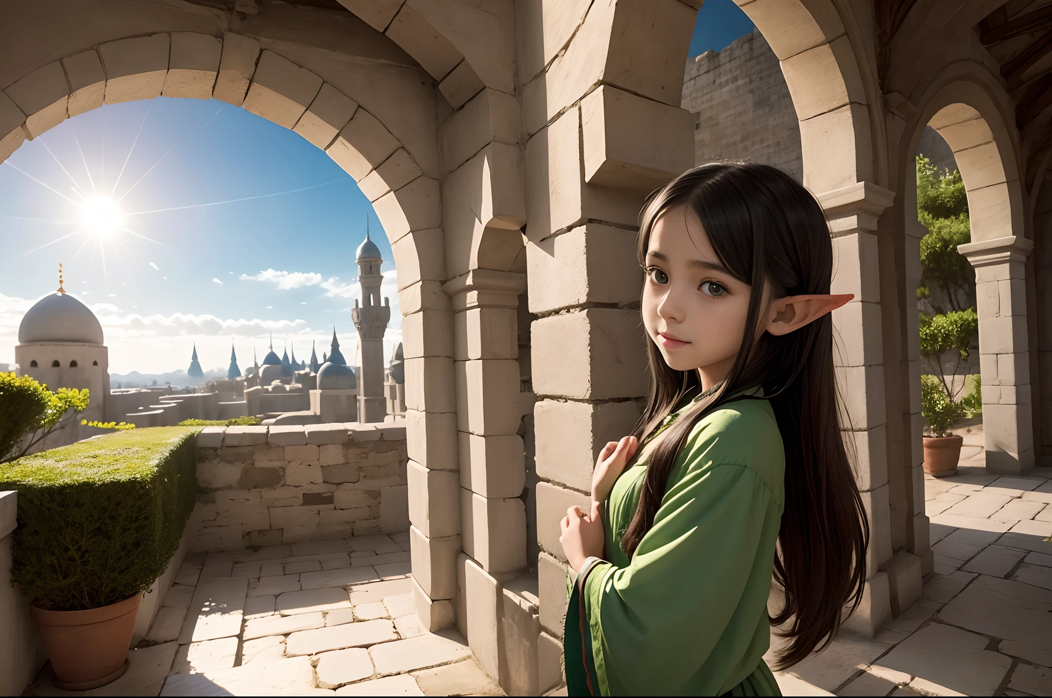 an adorable  half-elf girl is playing in a walled courtyard in a fantasy city with her cousins and friends. She has black hair, pale brown skin, and green eyes, and has a generally middle-eastern appearance. She is about 10 yeasun is shining brightly. Adult half-elves are looking on from the sides. The scene is full of fun and energy.