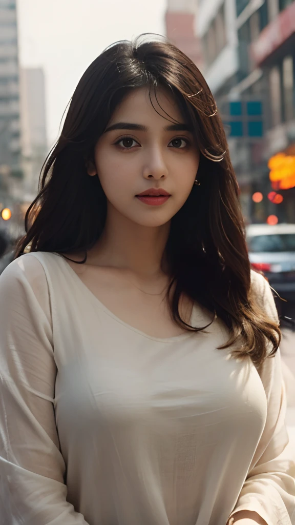 (((Desi Girl))), chubby face, Natural Skin, Wearing a hot deep necktop and dupatta, Attractive black hair, ((The ends of the hair are blonde)), city street background, Bokeh