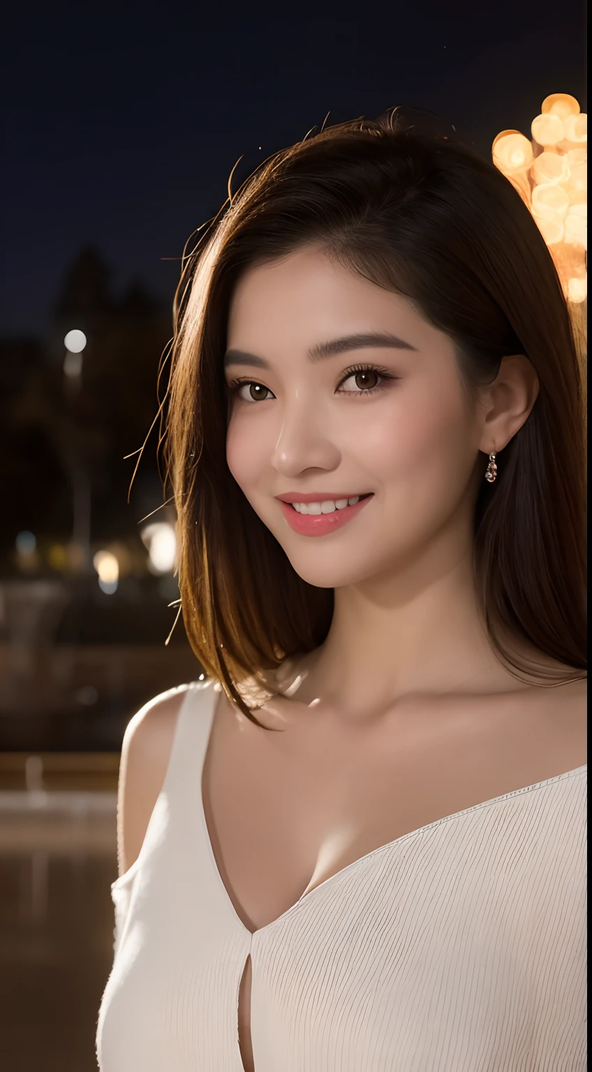 ((Night Scene, Realistic Light, Best Quality, 8K, Masterpiece: 1.3)), 1 Girl, Slim Body Beauty: 1.4, Brown Hair, (Big: 1.3), Off Shoulder Cut Top: 1.3, Ultra Detailed Face, Detail Eyes, Double Eyelids, Fountain, Castle, Fireworks, Smile, Cleavage, Saggy, Bikini, Beach, Tropical Country, Sea