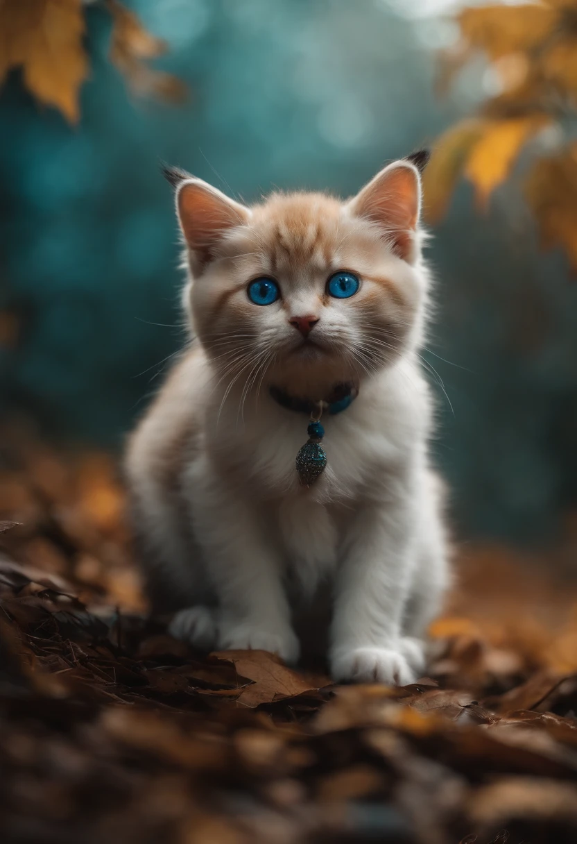 um gato de olhos azuis claros, tocando bateria , numa floresta na chuva