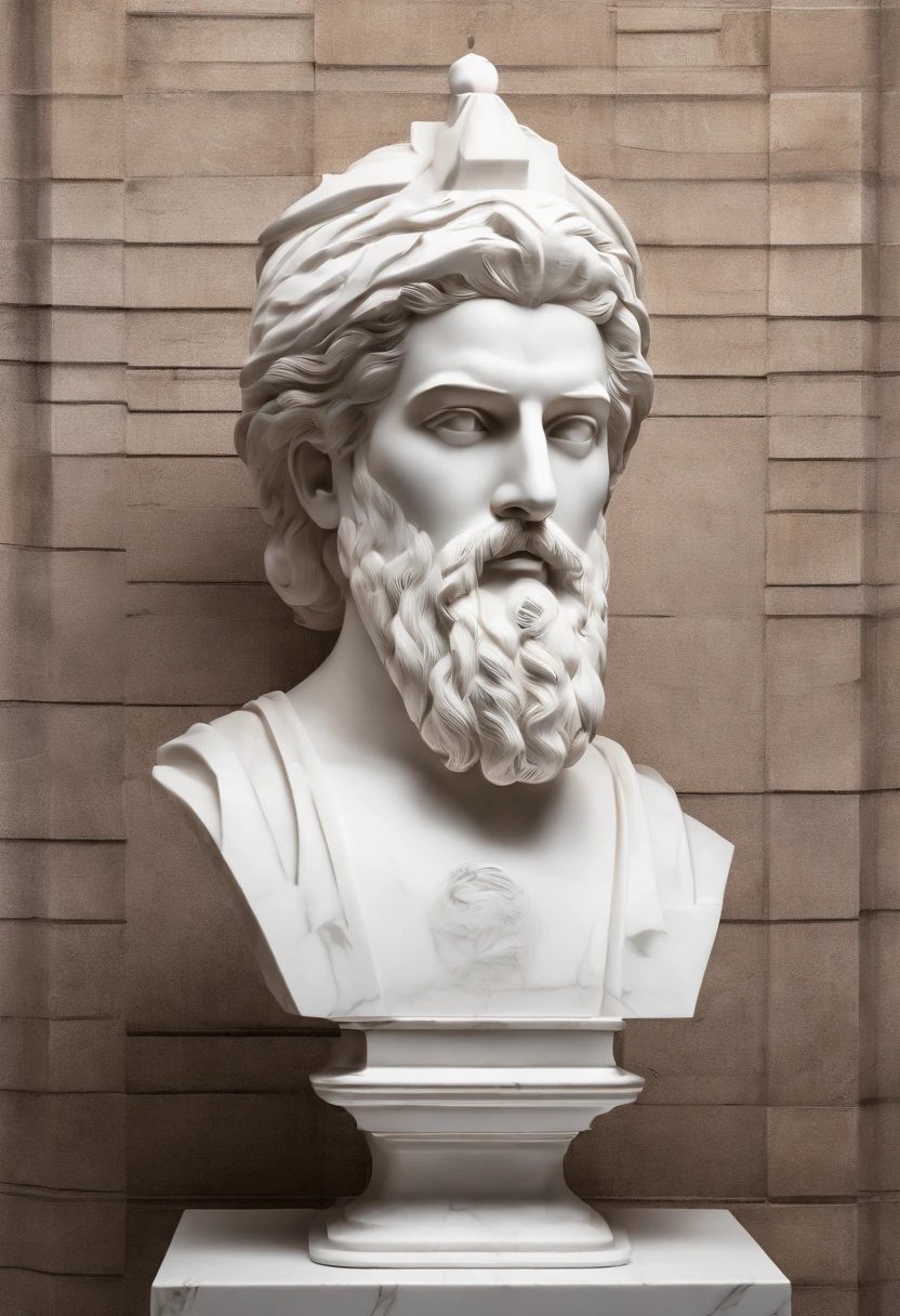 White marble statue of the bust of the wise man with the style of the bearded Greek philosopher in the museum. atmosfera escura, alto contraste de luz e sombra, fotografia profissional, utrarealista, light volumetric, cinemactic