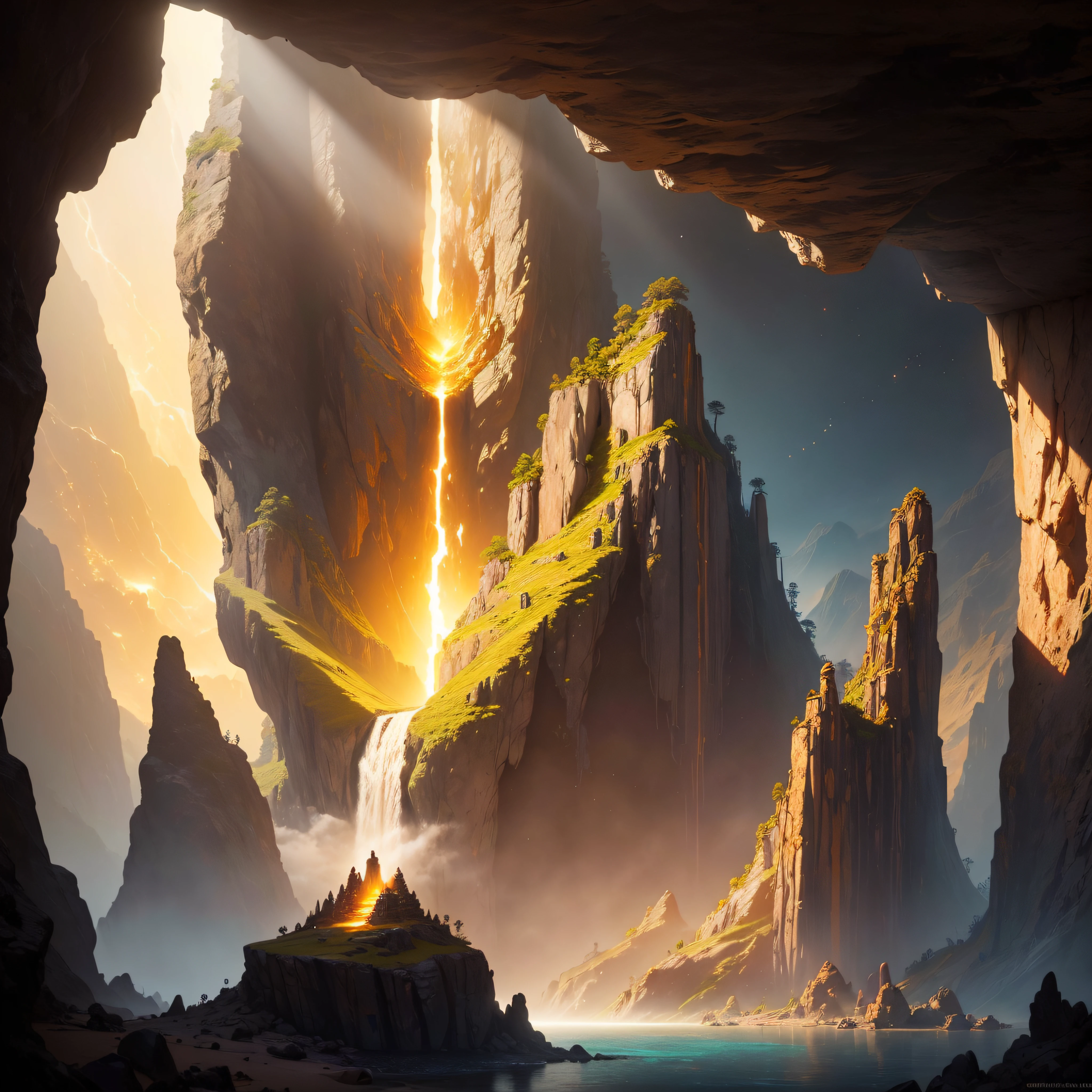 an Alien space ship UFO in a cave where there is a Inca god statute of gold with warrior attire, with a water fall and lots of treasure in the background sun light coming from a hole on top of the cave, shining on the statute giving it a beautiful glow, surreal concept art, surrealistic digital artwork