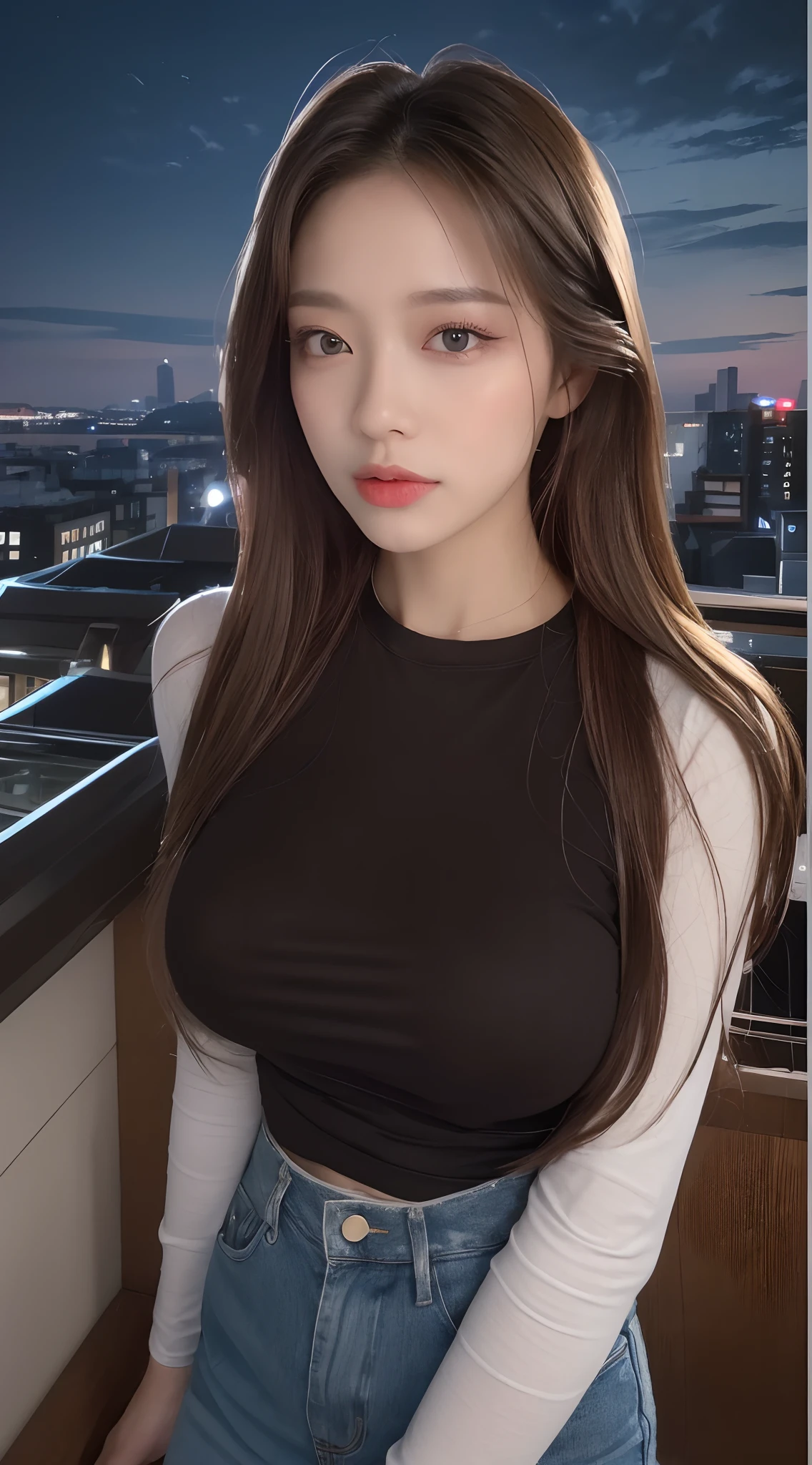 ((Midnight, Best quality, 8k, Masterpiece :1.3)), Whole body, Long legs, Sharp focus :1.2, A pretty woman with perfect figure :1.4, Slender abs :1.1, ((Dark brown hair, Big breasts :1.2)), (White tight tshirt, Jean bib, Standing:1.2), ((Night city view, Rooftop:1.3)), Highly detailed face and skin texture, Detailed eyes, Double eyelid