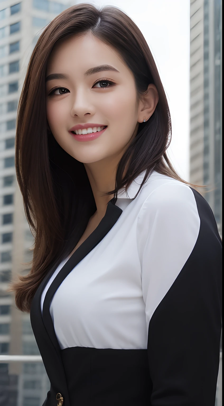 ((Best Quality, 8K, masutepiece: 1.3)), 1 girl, Smile, Full body, Slim Face, Pretty Woman, Short dark brown hair, White crisp shirt at upper body, Black straight suit pants on upper body, high-heels, Super Detailed Face, Detailed eyes, Double eyelids, Blurred background, Slim Face, highrise buildings
