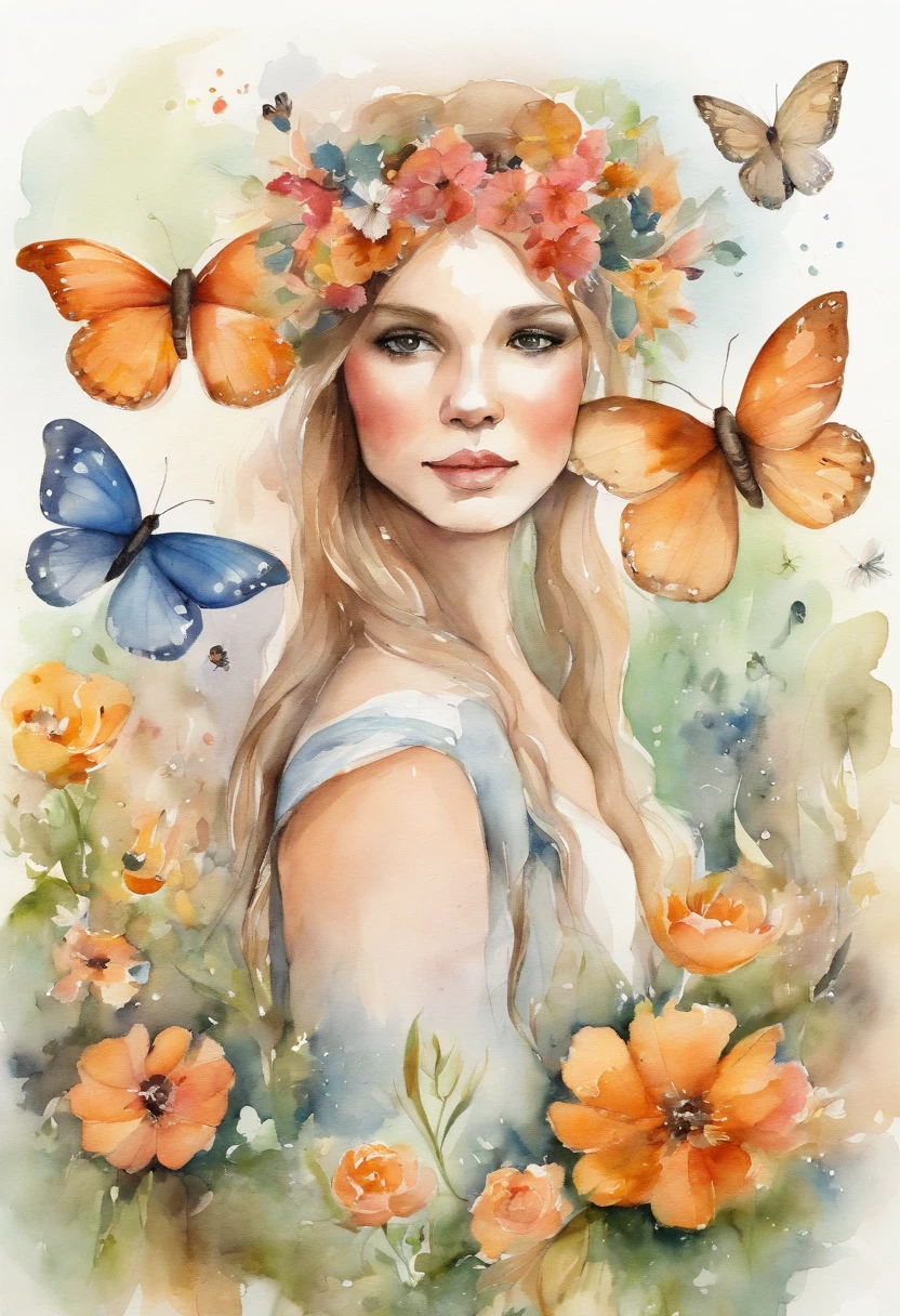 A beautiful girl in a fairy costume, surrounded by flowers and butterflies. Content: watercolor painting. Style: whimsical and delicate, like a children’s book illustration.