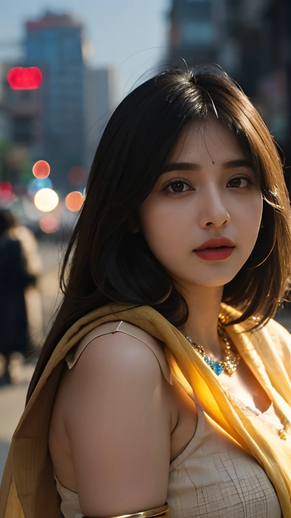 (((desi girl))), chubby face, natural skin, wearing hot deep neck top and dupatta, charming black hair, ((hair ends are blonde)), city streets background, bokeh