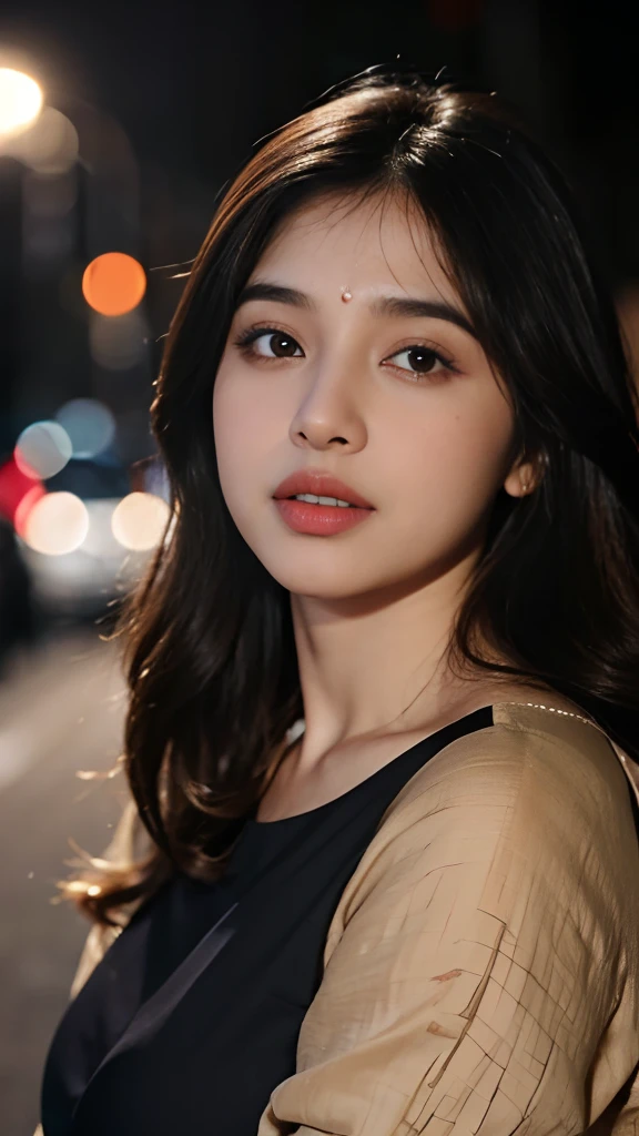 (((Desi Girl))), chubby face, Natural Skin, Wearing a hot deep necktop and dupatta, Attractive black hair, ((The ends of the hair are blonde)), city street background, Bokeh