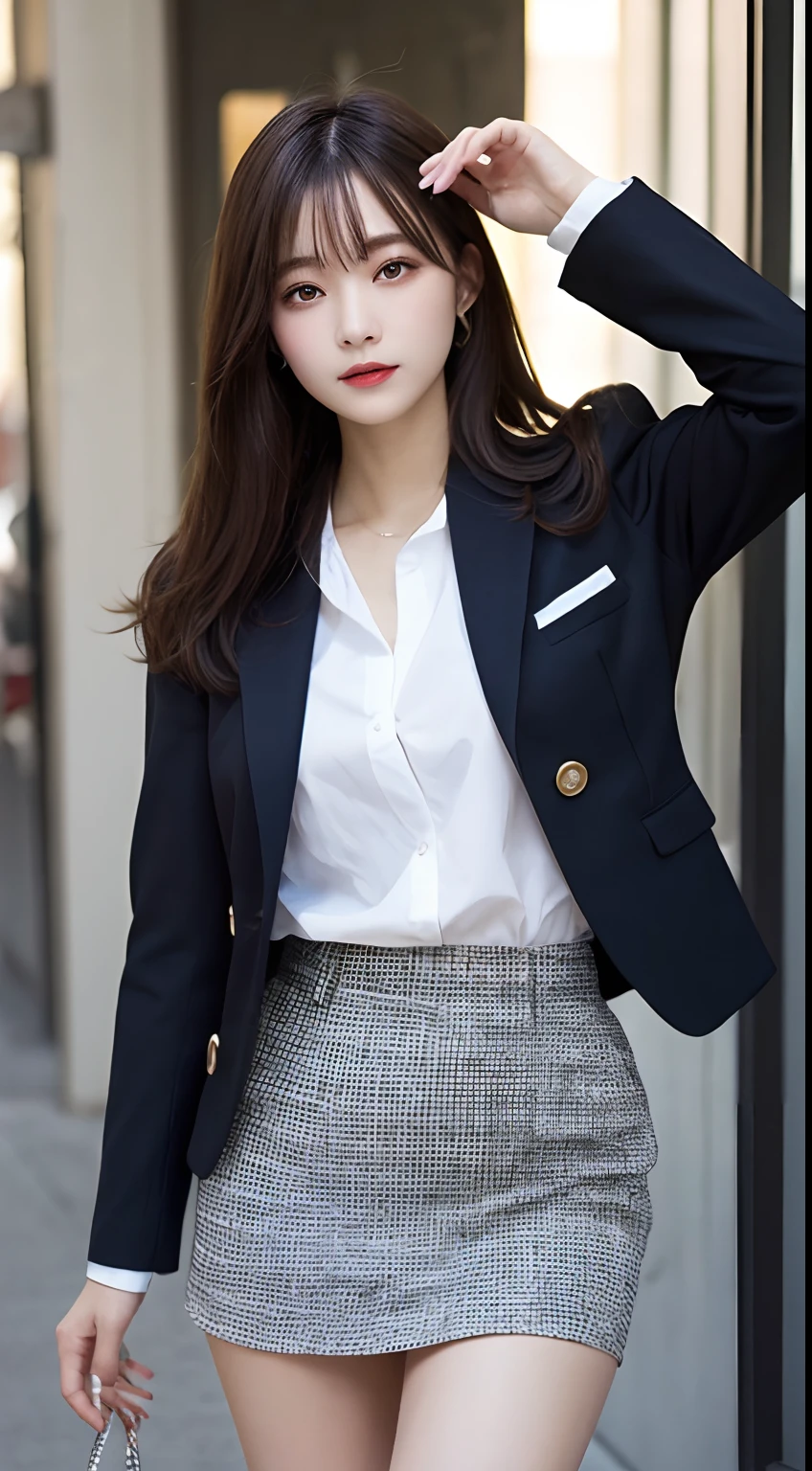finely detail, hight resolution, hightquality、Perfect dynamic composition, Beautiful detailed eyes, Medium Hair 、Natural Color Lip, full body Esbian、1人の女性、a miniskirt、suits、skirt by the、s Office