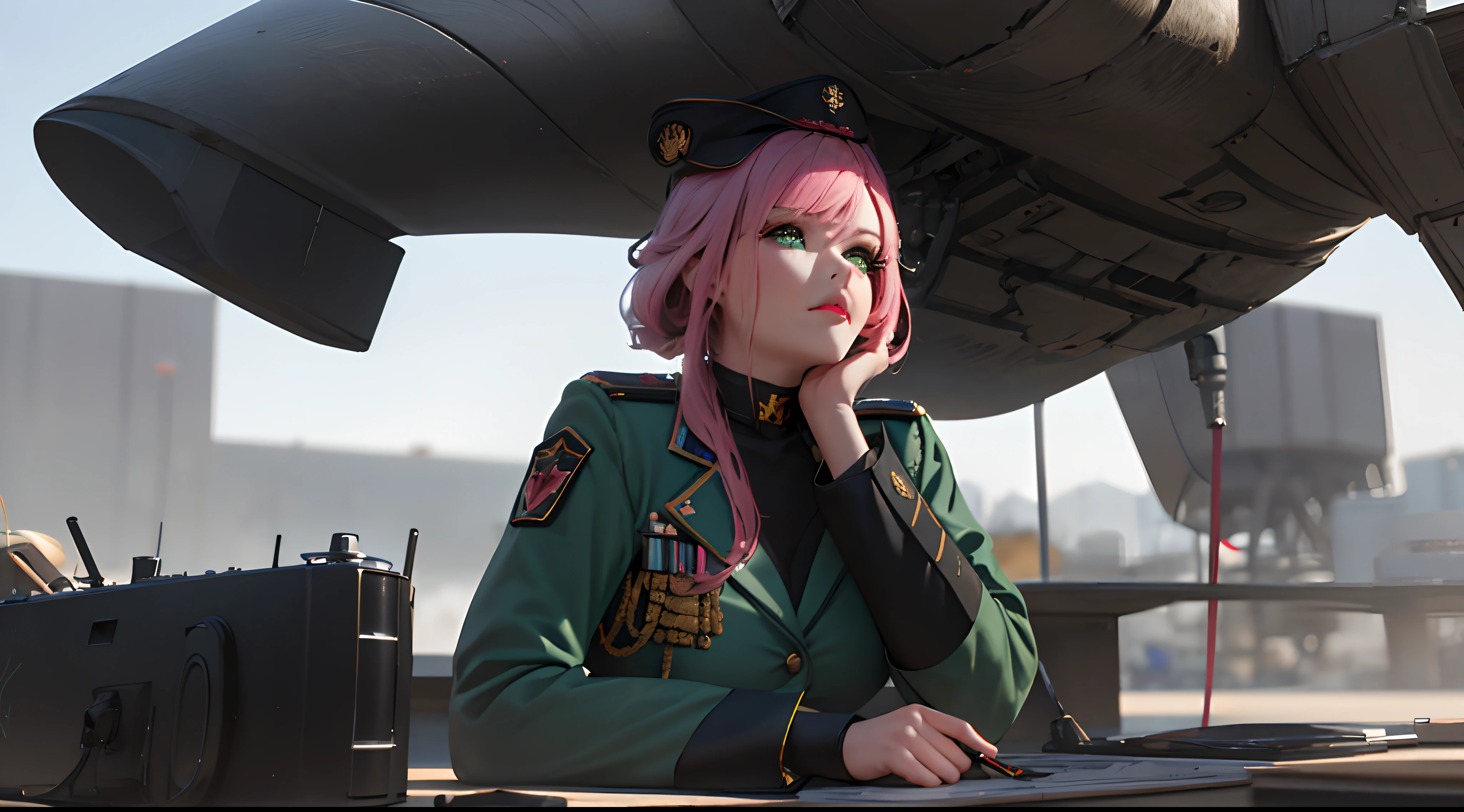 master part, Ultra resolution, alto em detalhes, art anime 3d, uma mulher militar (cabelos dourados como ouro, emerald green eyes and pink lips with thin chin). Military technological equipment, tecnopata, estilo cortana, Scientific weapons against magic.