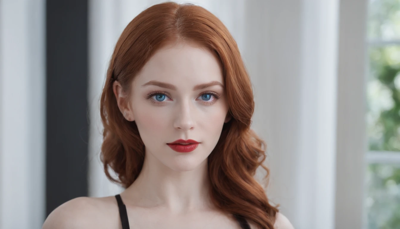((masutepiece)),((Best Quality)),Making a realistic image of a redhead woman with blue eyes in black lingerie, Quite, At the age of 20, low water, red lipsticks, eyes with eyeliner, Beautiful body, The upper part of the body,爆乳,cleavage,lightsmile,up looking viewer