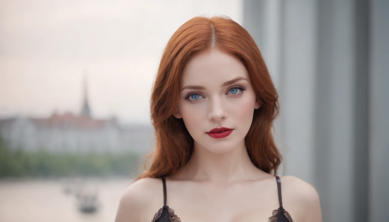 ((masutepiece)),((Best Quality)),Making a realistic image of a redhead woman with blue eyes in black lingerie, Quite, At the age of 20, low water, red lipsticks, eyes with eyeliner, Beautiful body, The upper part of the body,爆乳,cleavage,lightsmile,up looking viewer