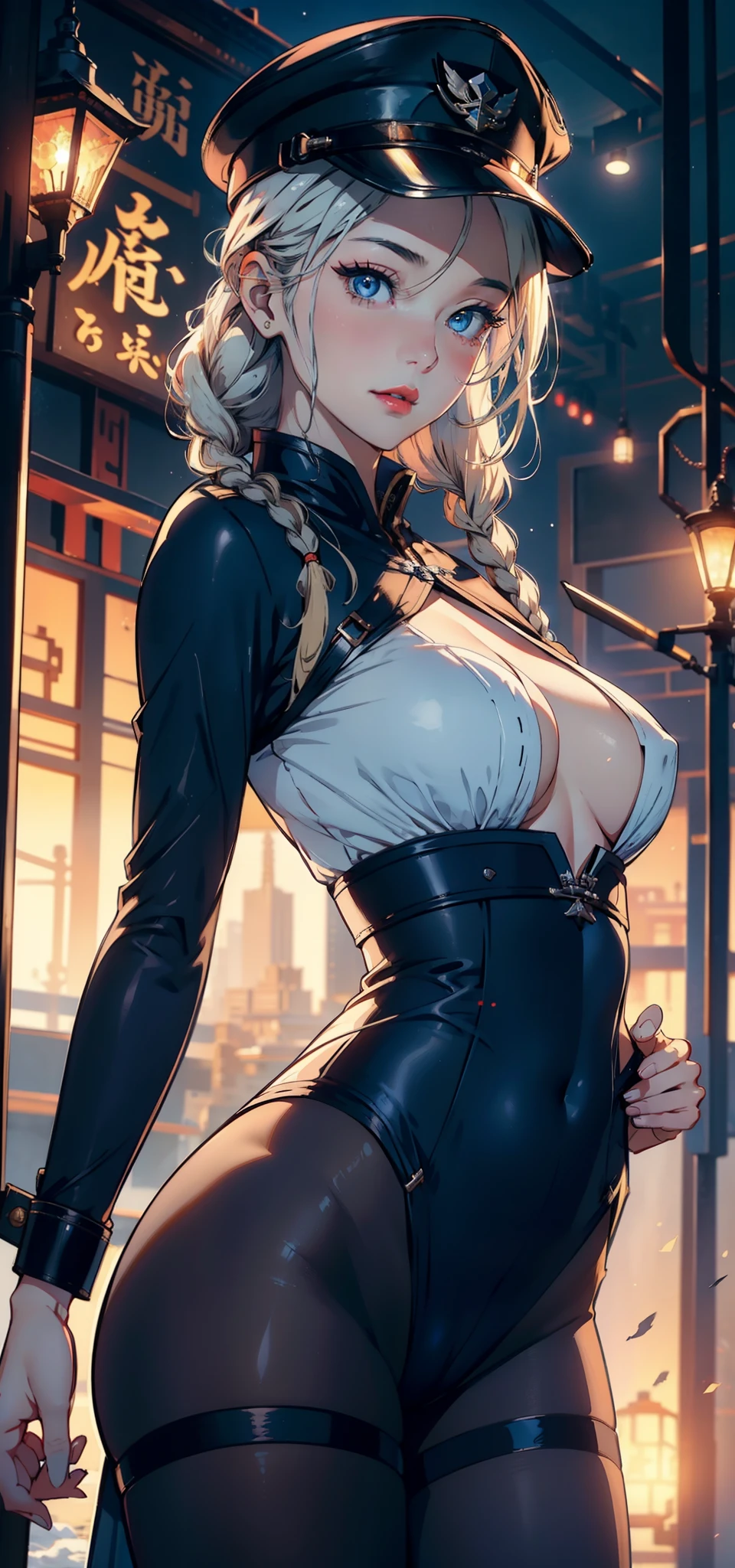 1female,35yo,plumw,extremely large bosom, 独奏,(Background with:Huge machinery,space ship,space) She has short blonde hair,Twist braids,seen from the front, hair straight,,(((tmasterpiece),(Very detailed CG unity 8K wallpaper),best qualtiy,cinmatic lighting,detailed back ground,beatiful detailed eyes,Bright pupils,Blue eyes,Snow-whiteskin,Redlip(Very fine and beautiful),(Beautiful and detailed eye description),ultra - detailed,tmasterpiece,))facing at camera,A high resolution,ultra - detailed),revealing breasts,Bare genitalia, Bulge,legs are open,Raised sexy,Camel toes,Flushed complexion,Desire for dissatisfaction,frontage,American pilot,military hat,Black pantyhose,Hanfu