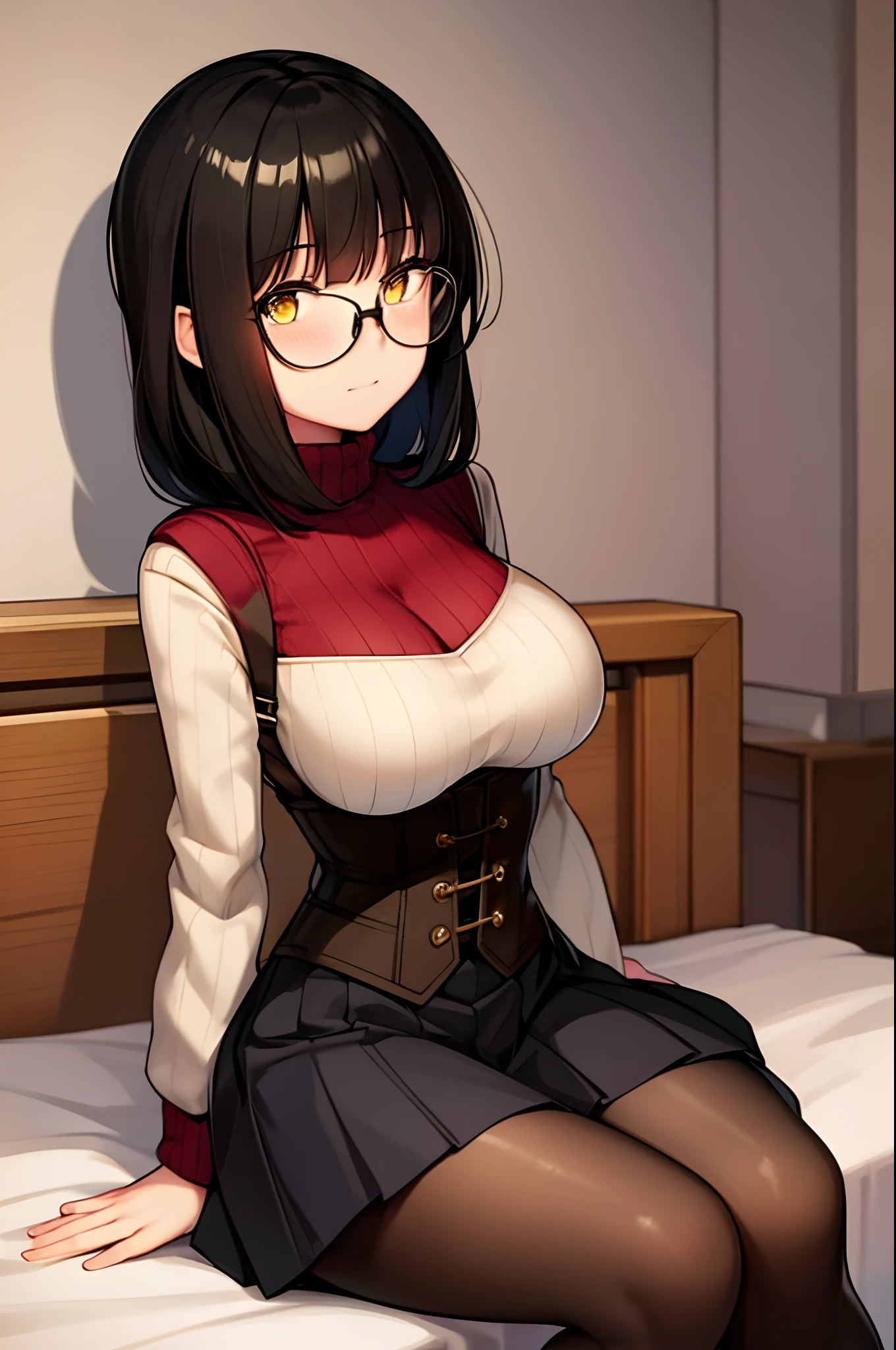 Ren, 1girl, solo, black hair, yellow eyes, glasses, khaki colored Sweater, corset, Pleated skirt, black pantyhose, sitting, on bed, masterpiece, best quality