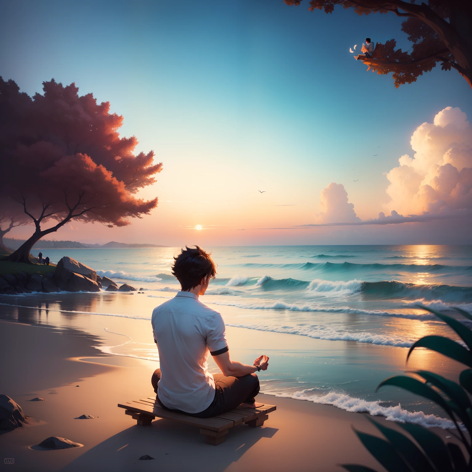 a man meditating on the beach looking at the water, Makoto Shinkai Cirilo Rolando, Cyril Rolando e Goro Fujita, inspirado em Cyril Rolando, Rhats e Lois van Baarle, Directed by: Cyril Rolando, No estilo de Cyril Rolando, Cyril Rolando e M. w kaluta |