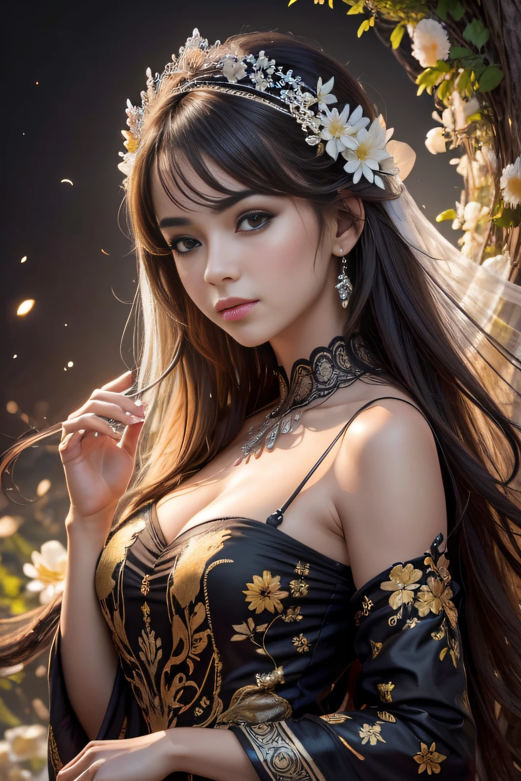 (Foto RAW, melhor qualidade), (realista, fotorrealista: 1,3), melhor qualidade, altamente detalhado, obra-prima, ultra detalhado, illustration, Uma garota , parte superior do corpo, dinamic angle, obra-prima mundial, messy long hair, melhor qualidade, extremamente detalhado Unidade de papel de parede 8k , pintura, Awesome, cinematic lighthing, reflexo de lente,
roupa estilo oriental , luxuosa , epoch , nobreza , intimate , fundo parede de pedras antigas , castelo da nobreza ,