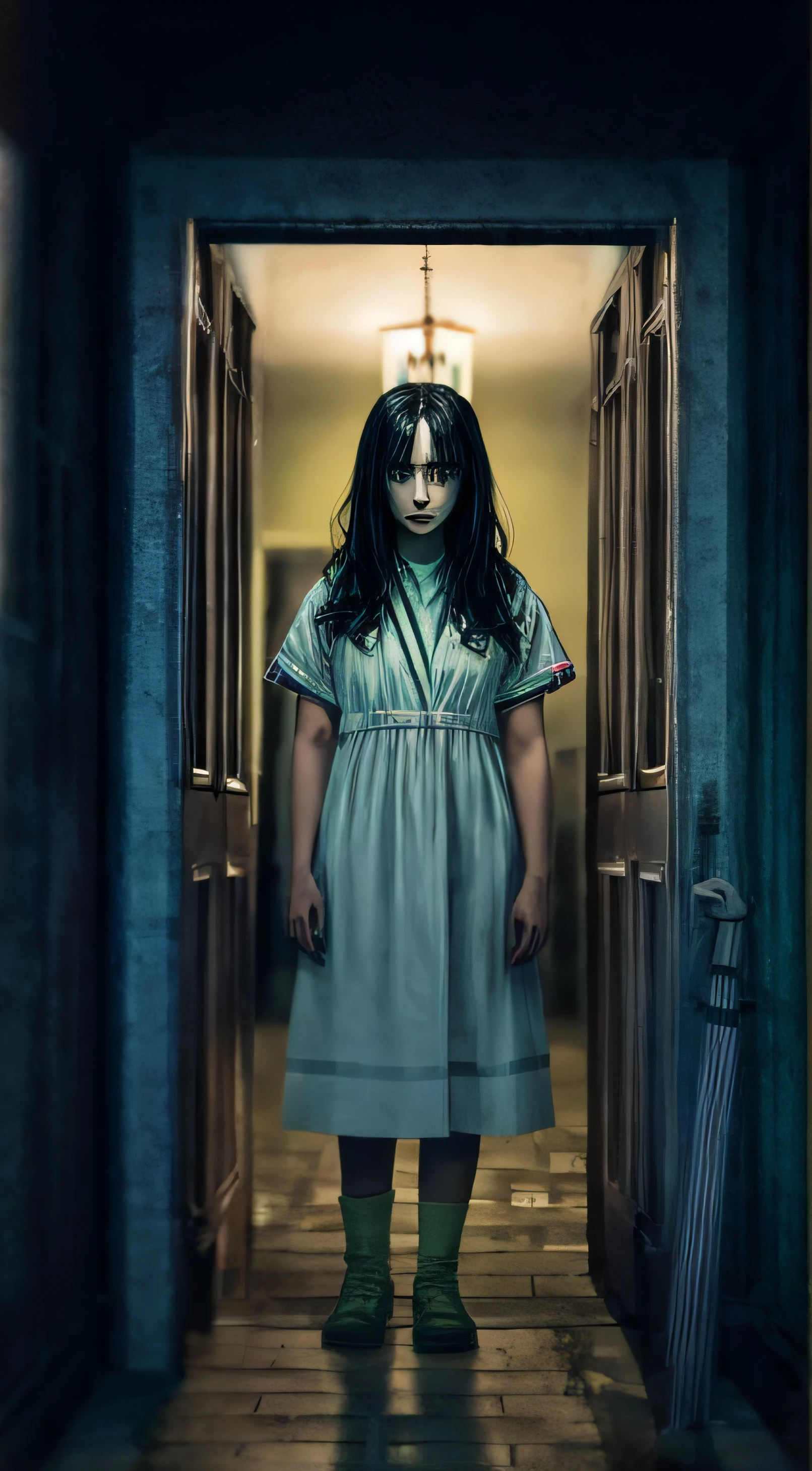 Horror movies shoot a creepy girl,He has straight black hair, with no face, Wearing a dirty hospital gown,Standing alone in a haunted mansion at night, the rule of thirds, Tonal color scheme, pastel green, The silence of contemplation, Bokeh, Mystery, Horror, unholy, eerie, Creepy, Moody lighting, In the style of Denis Villeneuve, cinematic Film still from, cine still 800